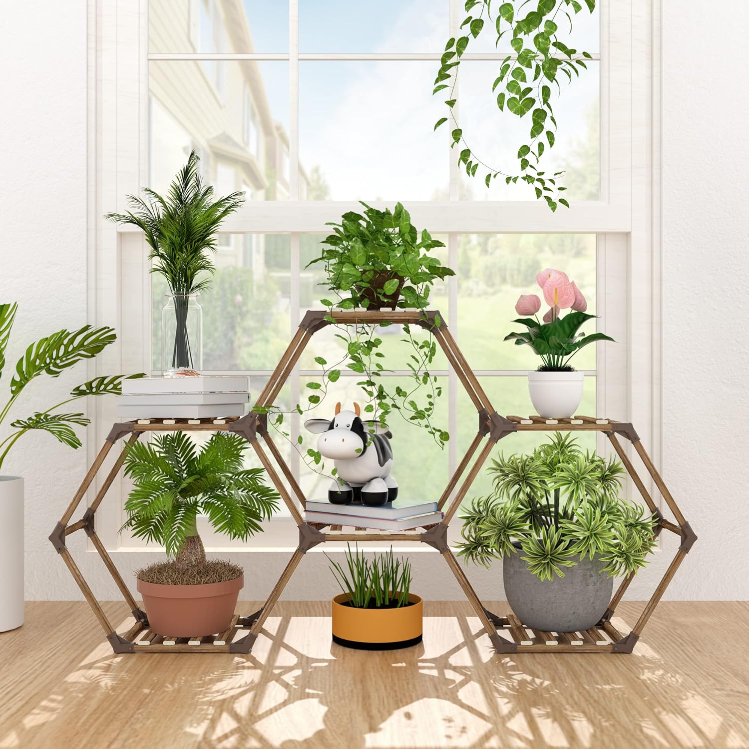 Tikea Plant Stand Indoor Hexagonal Plant Stand for Multiple Plants Indoor Outdoor Large Wooden Plant Shelf Creative DIY 6 Tiered Flowers Stand Rack for Living Room Balcony Patio Window