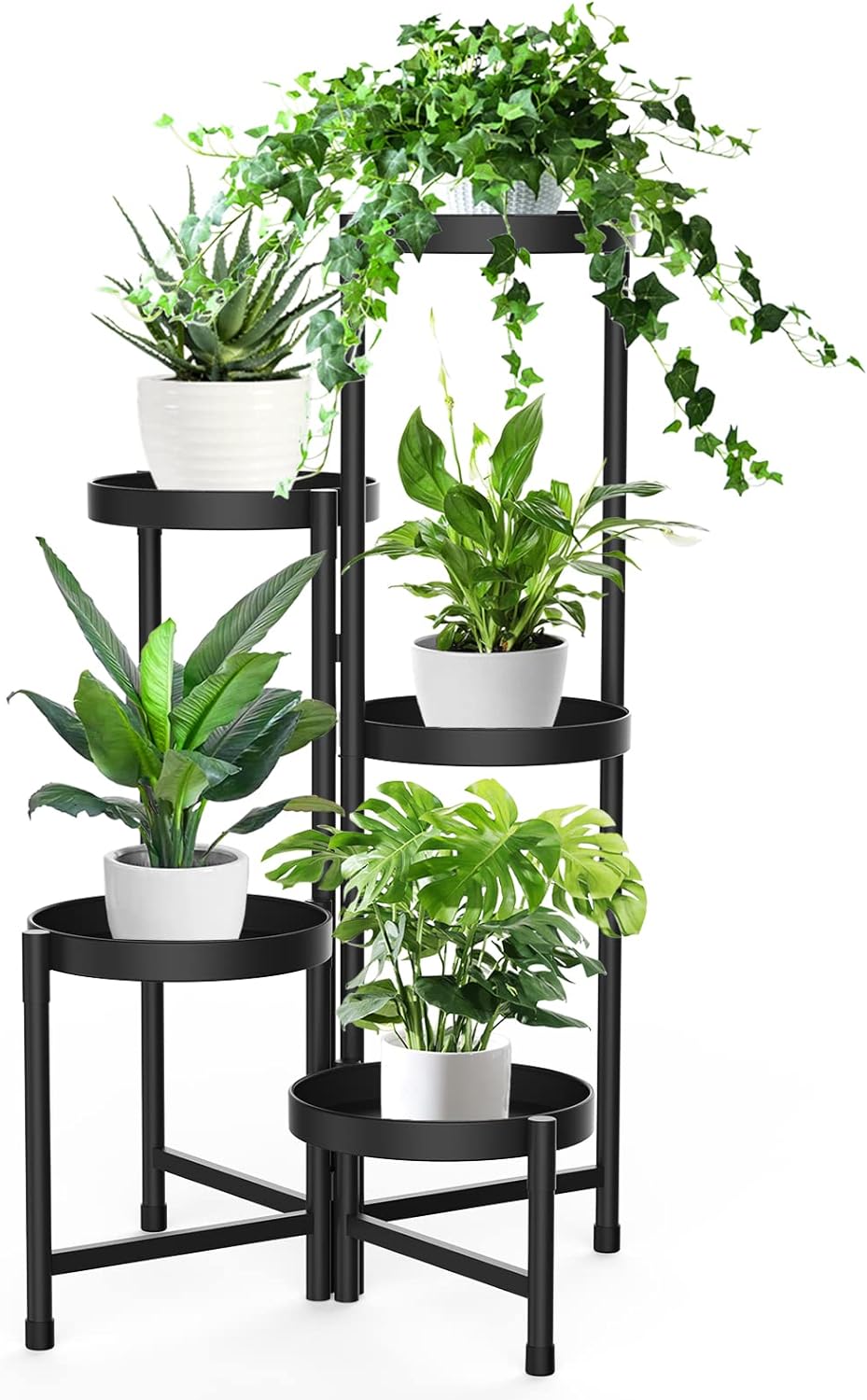 iDavosic.ly 5 Tier Metal Plant Stand for Indoor Outdoor, Foldable Corner Tall Plant Shelf for Multiple Plants, Flower Pot Holder Display Stand for Living Room Balcony Garden Patio (Black)