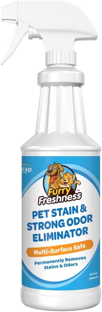 FurryFreshness Extra Strength Cat or Dog Pee Stain & Permanent Odor Remover   Smell Eliminator -Removes Stains from Pets & Kids Including Urine or Blood- Lifts Old Carpet Stains- 32oz Spray