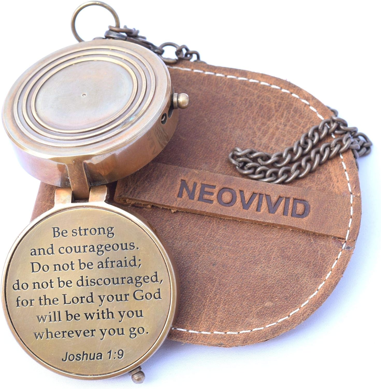 NEOVIVID Joshua 1 9 Engraved Gifts, Brass Directional Compass with Leather Case and Chain