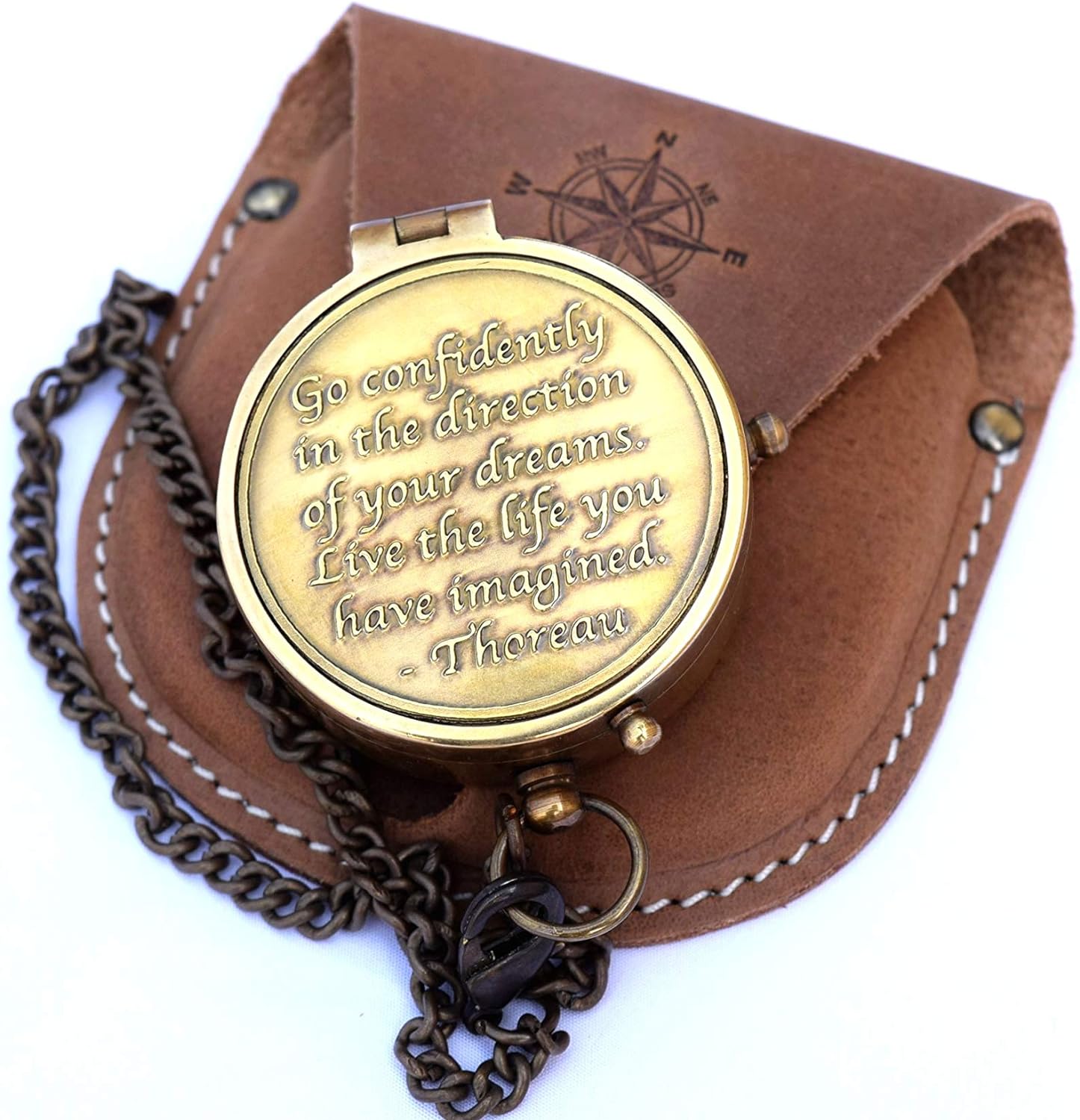NEOVIVID Brass Compass Engraved with Thoreau' Go Confidently Quote and Stamped Leather Case, Boys Gifts