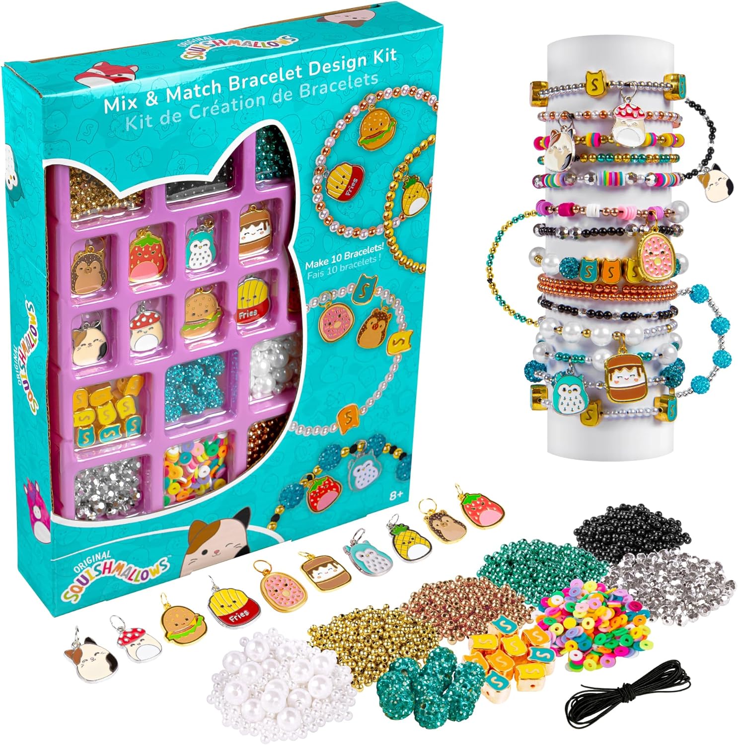 Fashion Angels Squishmallows Mix & Match Bracelet Design Kit - Makes 10 Bracelets - Includes 10 Squishmallows Charms, 10 Gem Beads, Assorted Beads and More - Join The Squish Squad - Ages 8 and Up