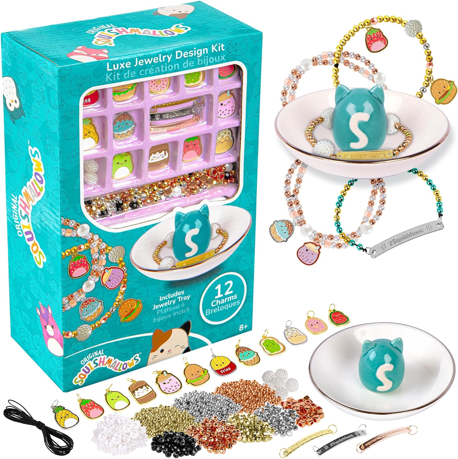 Fashion Angels Squishmallows Squish Luxe Jewelry Set - Includes 12 Squishmallows Charms, Ceramic Trinket Dish, 6 Wax Berry Beads, and More -Makes 12  Bracelets- Join The Squish Squad - Ages 8 and Up