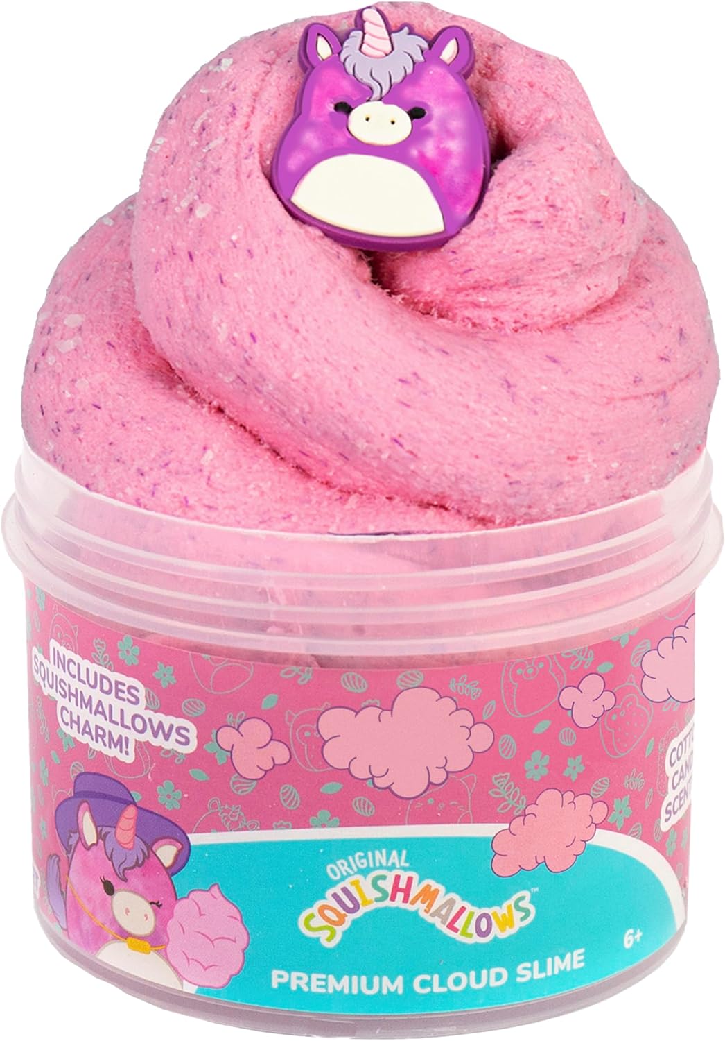 Original Squishmallows Lola The Unicorn Premium Cloud Slime, Cotton Candy Scented, 8 oz. Fluffy Slime, 2 Fun Slime Add Ins, Pre-Made Slime for Kids, Great 6 Year Old Toys, Super Soft Slime Toy