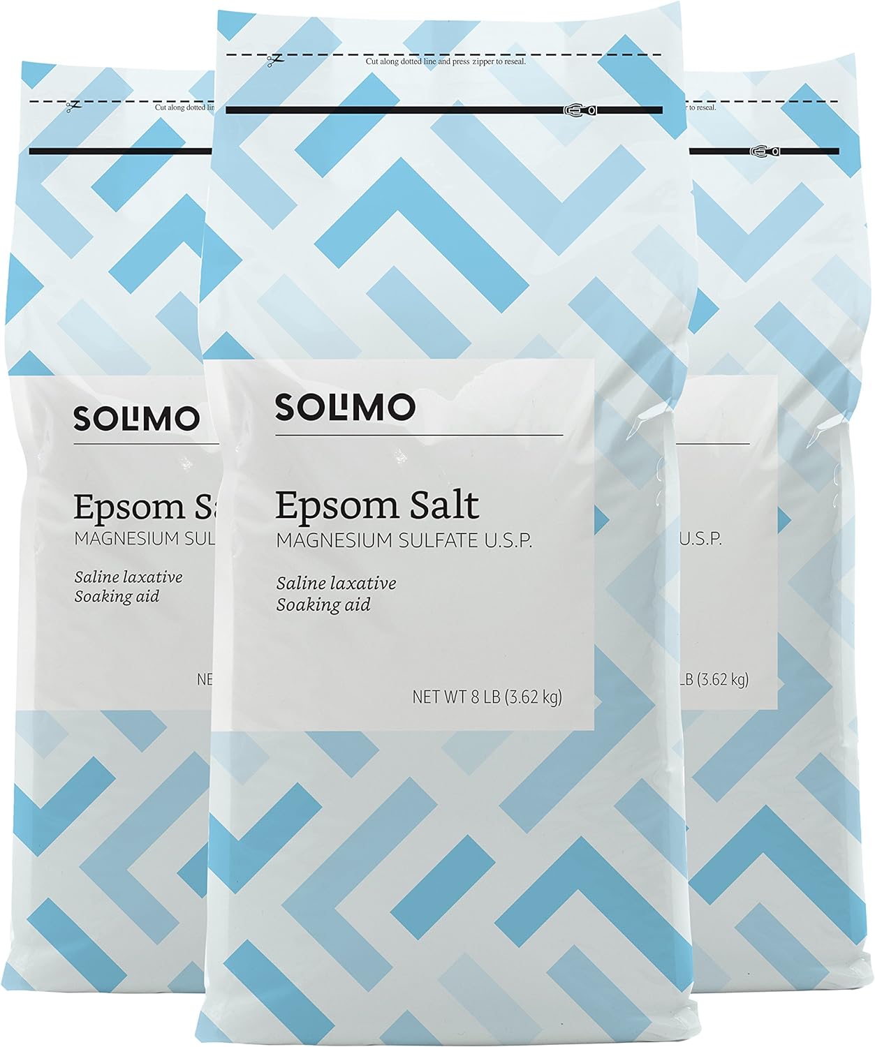 Amazon Brand - Solimo Epsom Salt Soak, Magnesium Sulfate USP, Unscented, 8 Pound, Pack of 3