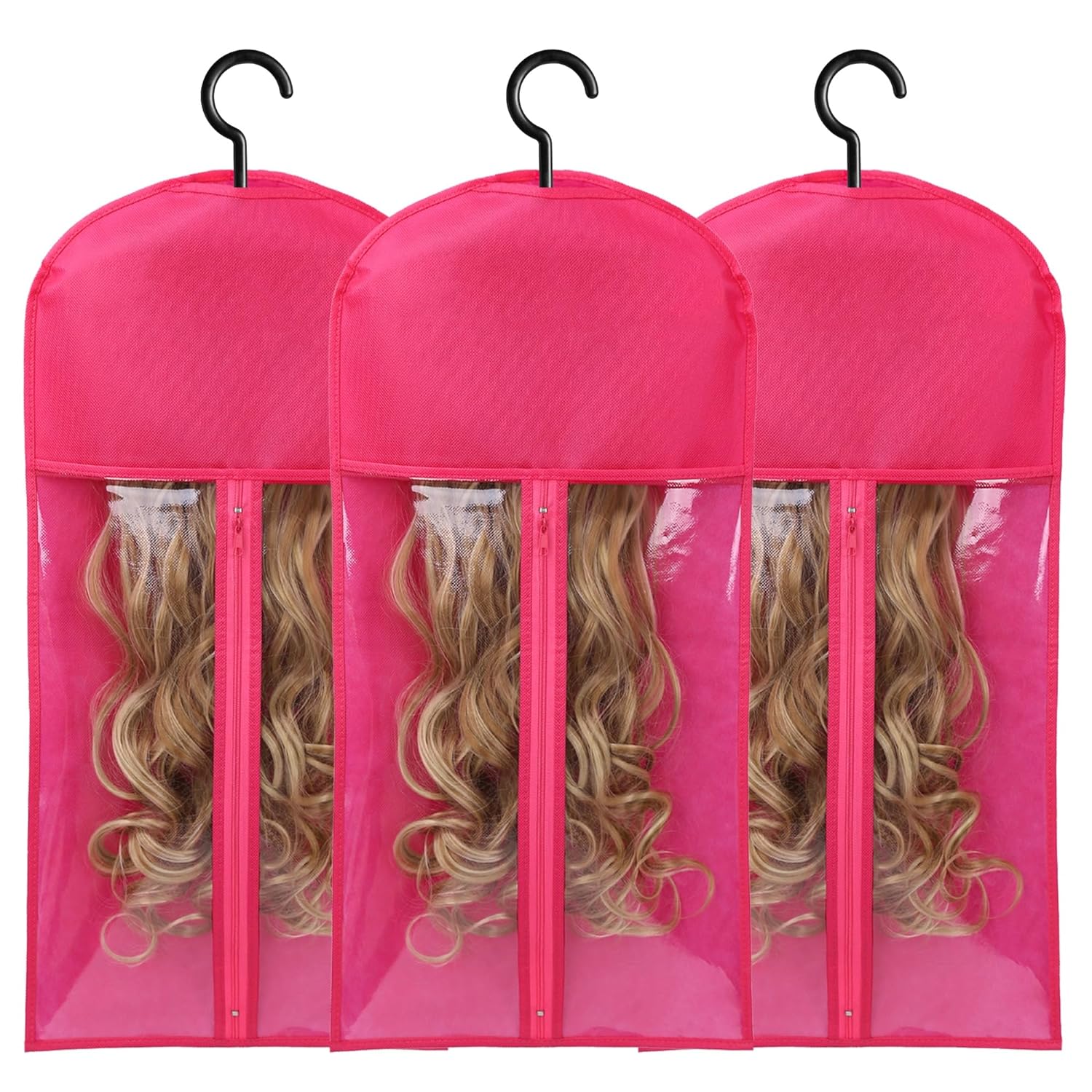 3PCS Hair Extension Storage Extension Holder Dust-proof Wig Storage for Multiple Wigs Bags Storage with Hanger Wig Holder for Multiple Wigs Stand Hair Extensions, Wigs & Accessories (Hot Pink)