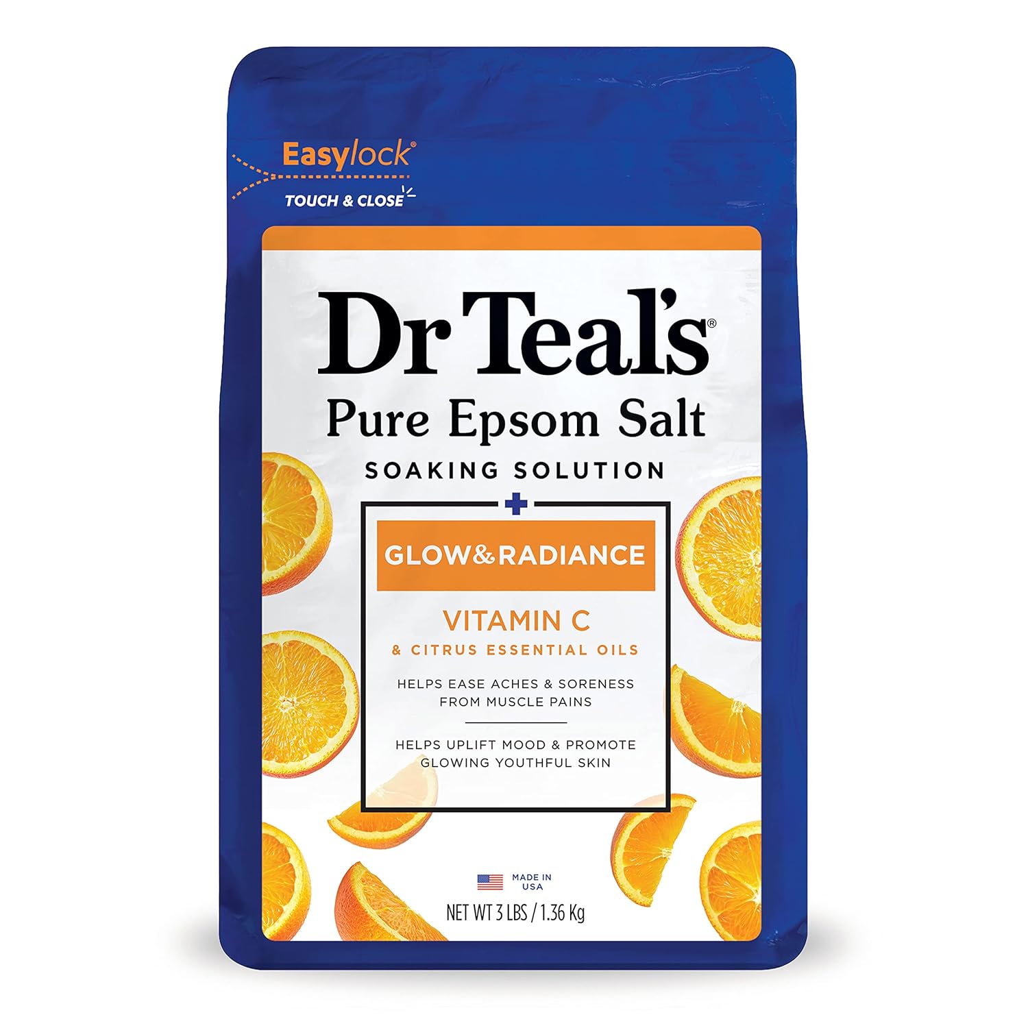 Dr Teal' Pure Epsom Salt Soak, Glow & Radiance with Vitamin C & Citrus Essential Oils, 3 lbs (Packaging May Vary)