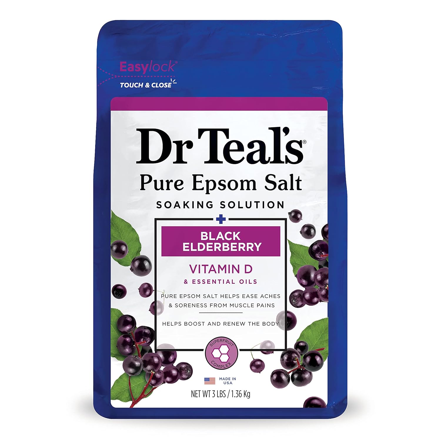 Dr Teal' Pure Epsom Salt Soak, Black Elderberry with Vitamin D, 3 lbs (Packaging May Vary)