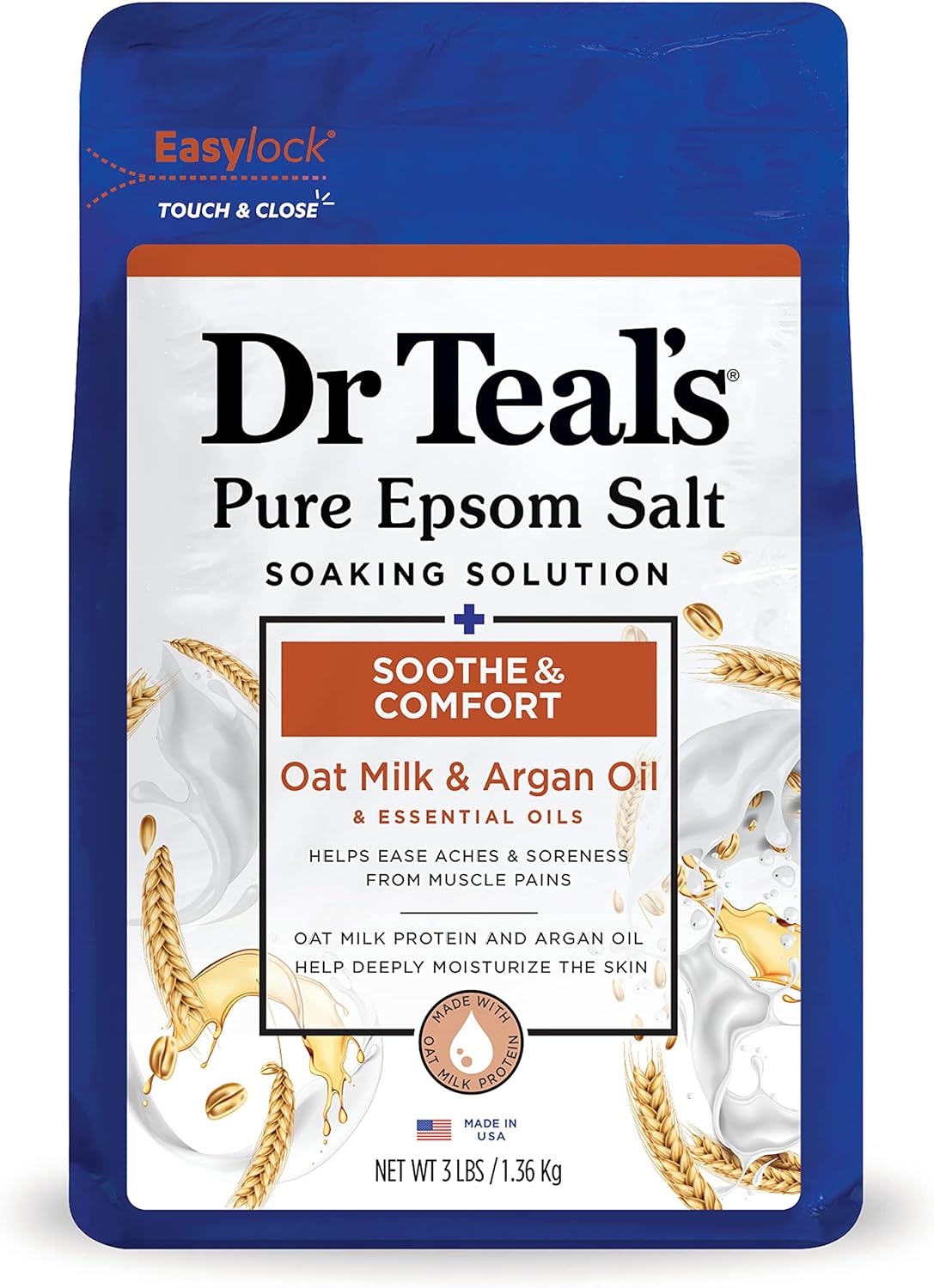 Dr Teal' Pure Epsom Salt, Soothe & Comfort with Oat Milk & Argan Oil, 3lbs (Packaging May Vary)