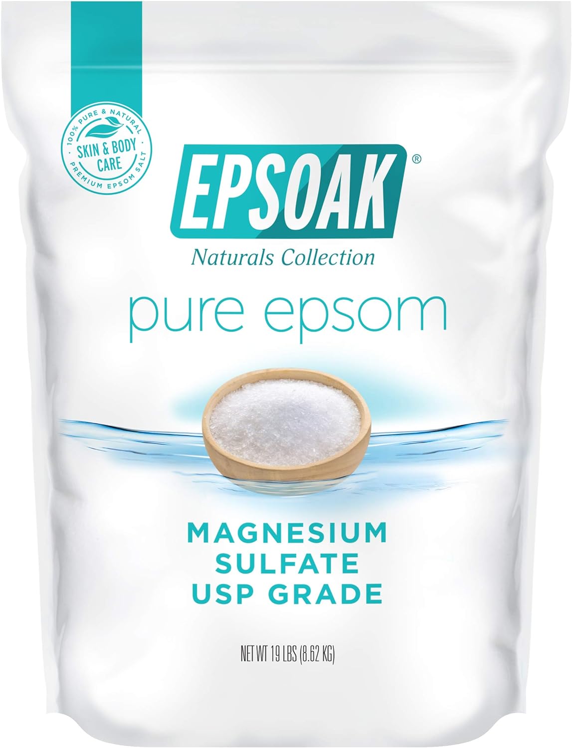 Epsoak Epsom Salt 19 lb Resealable Bulk Bag, Magnesium Sulfate USP. Unscented, Made in The USA, Cruelty-Free Certified