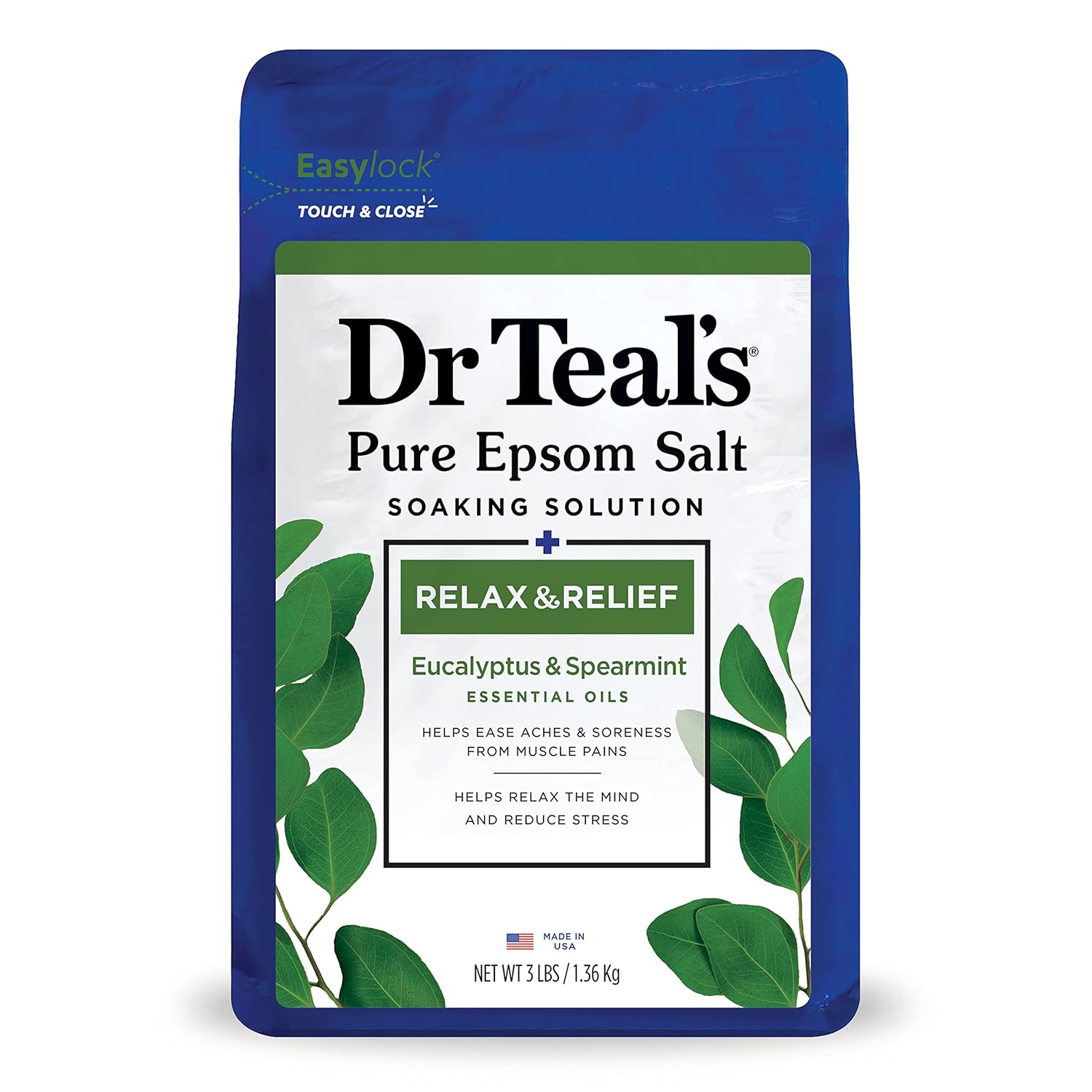 Dr Teal' Pure Epsom Salt Soak, Relax & Relief with Eucalyptus & Spearmint, 3lbs