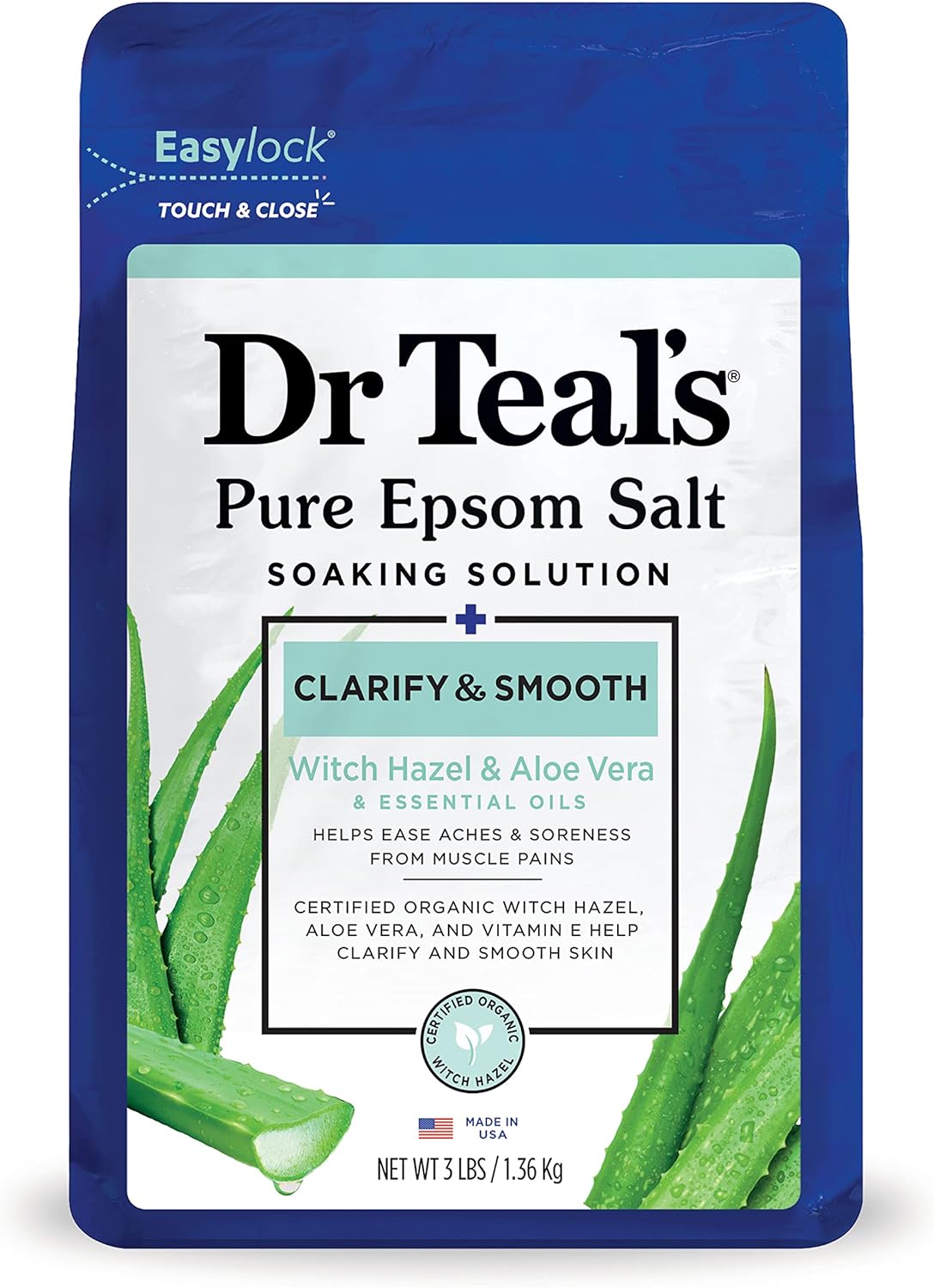 Dr Teal' Pure Epsom Salt, Clarify & Smooth with Witch Hazel & Aloe Vera, 3lbs (Packaging May Vary)