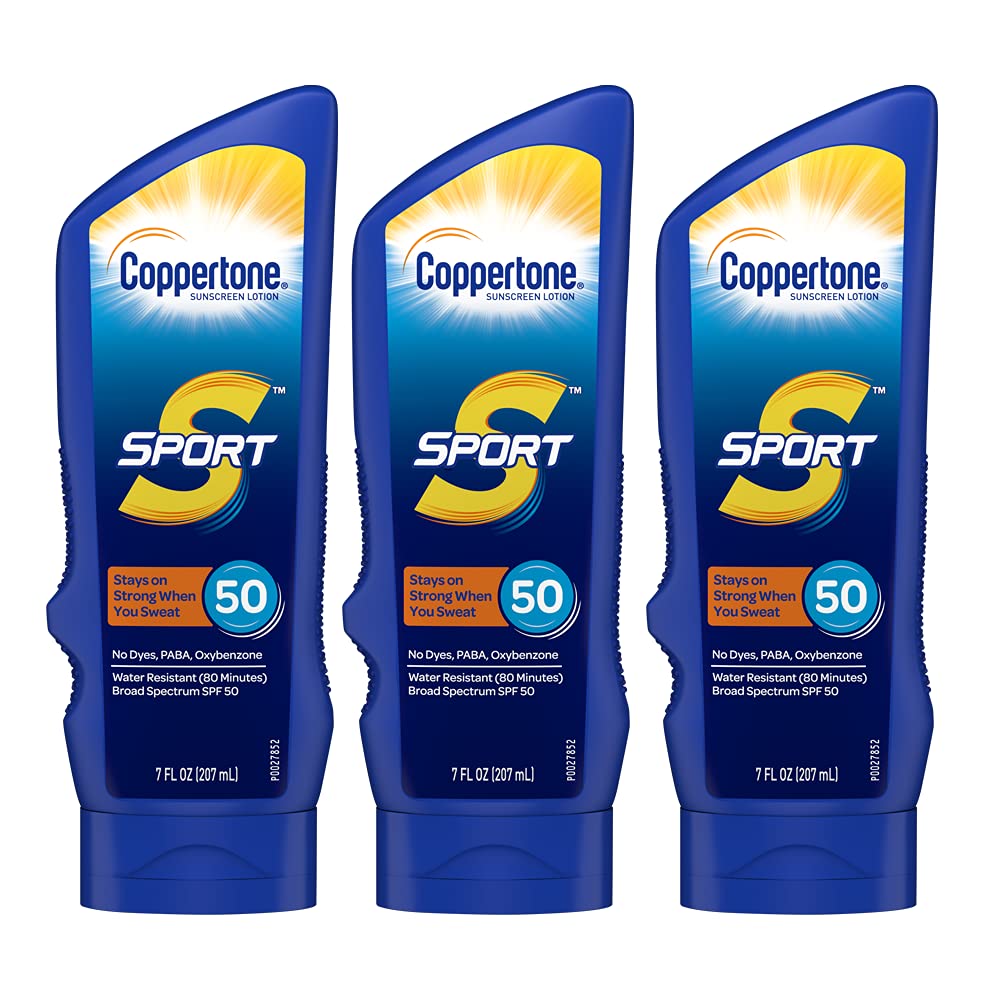 Coppertone SPORT Sunscreen Lotion SPF 50, Water Resistant Sunscreen, Broad Spectrum SPF 50 Sunscreen, Bulk Sunscreen Pack, 7 Fl Oz Bottle, Pack of 3