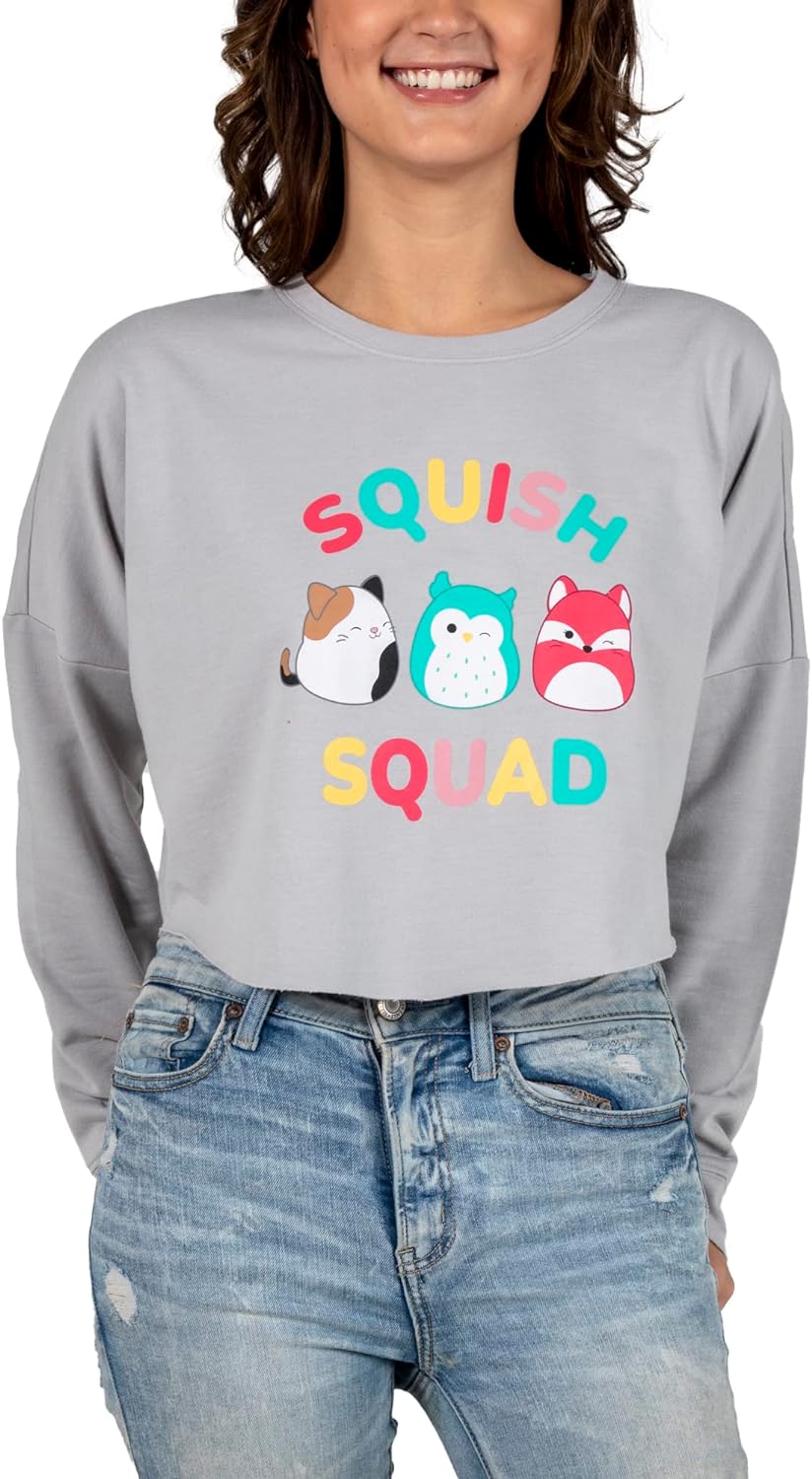 Bioworld Squishmallows Squish Squad Juniors Heather Gray Crop Sweatshirt