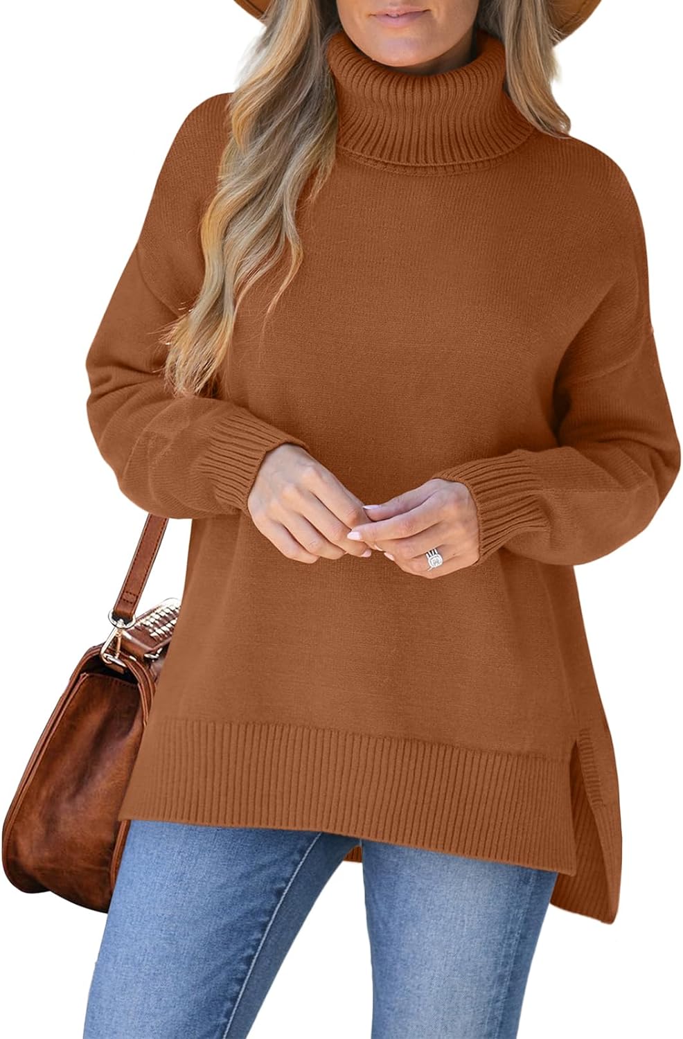 XIEERDUO Women' Turtleneck Sweaters Oversized Tops Side Slit High Low Hem S-3XL