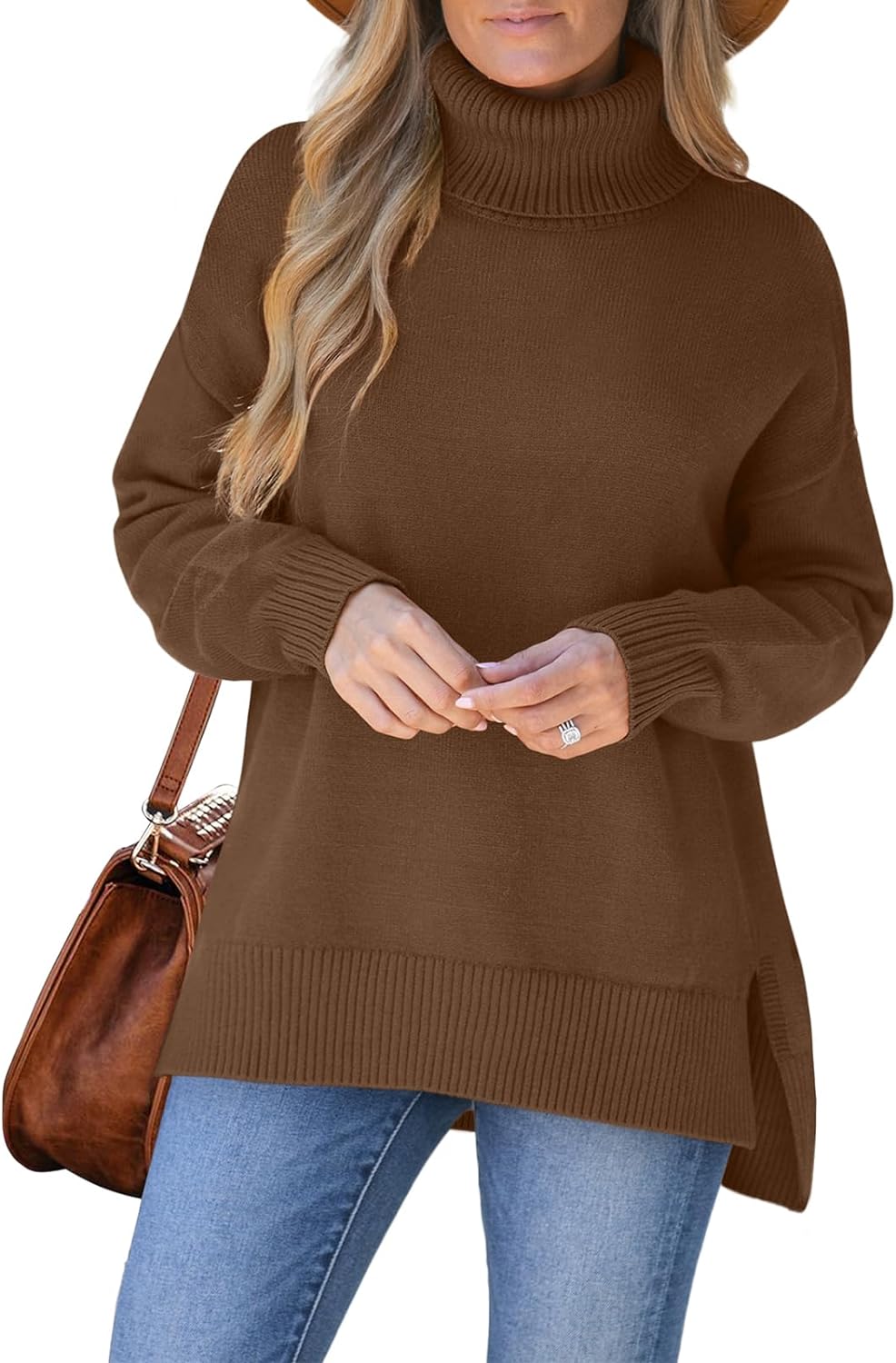 XIEERDUO Women' Turtleneck Sweaters Oversized Tops Side Slit High Low Hem S-3XL