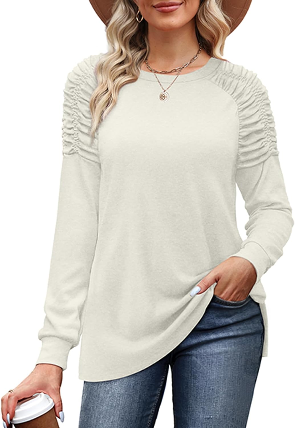 XIEERDUO Women' Long Sleeve Tunic Tops for Leggings Crewneck Shirts Solid Color