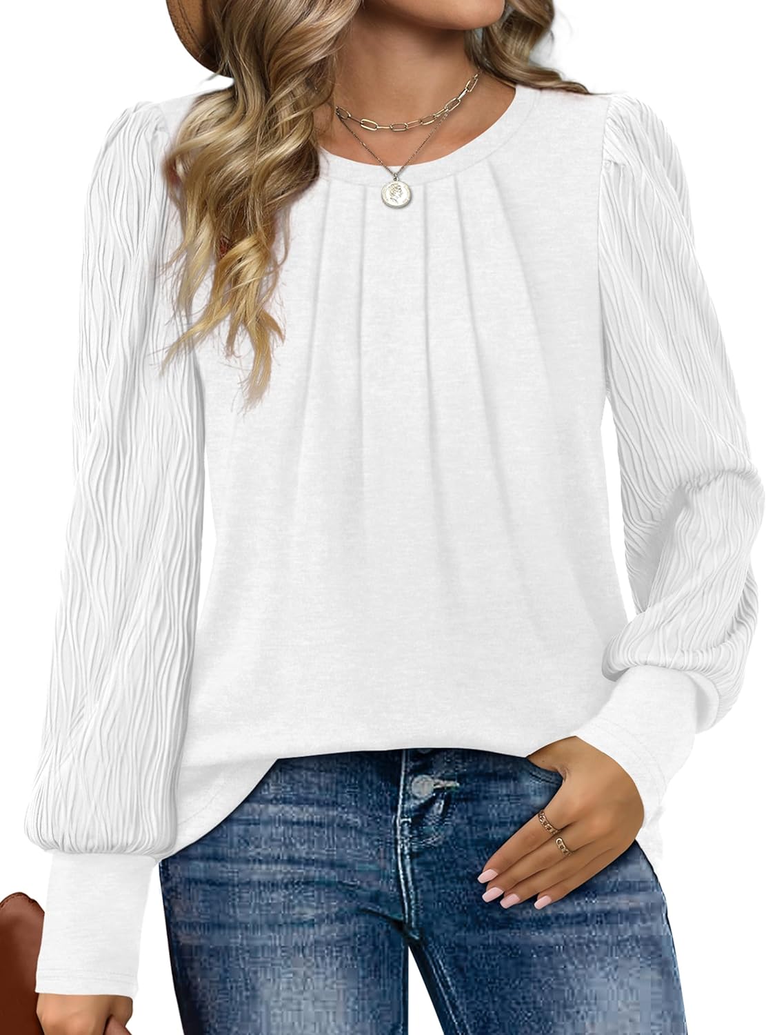 XIEERDUO Women' Long Sleeve Shirts Pleated Crew Neck Puff Sleeve Tunic Tops