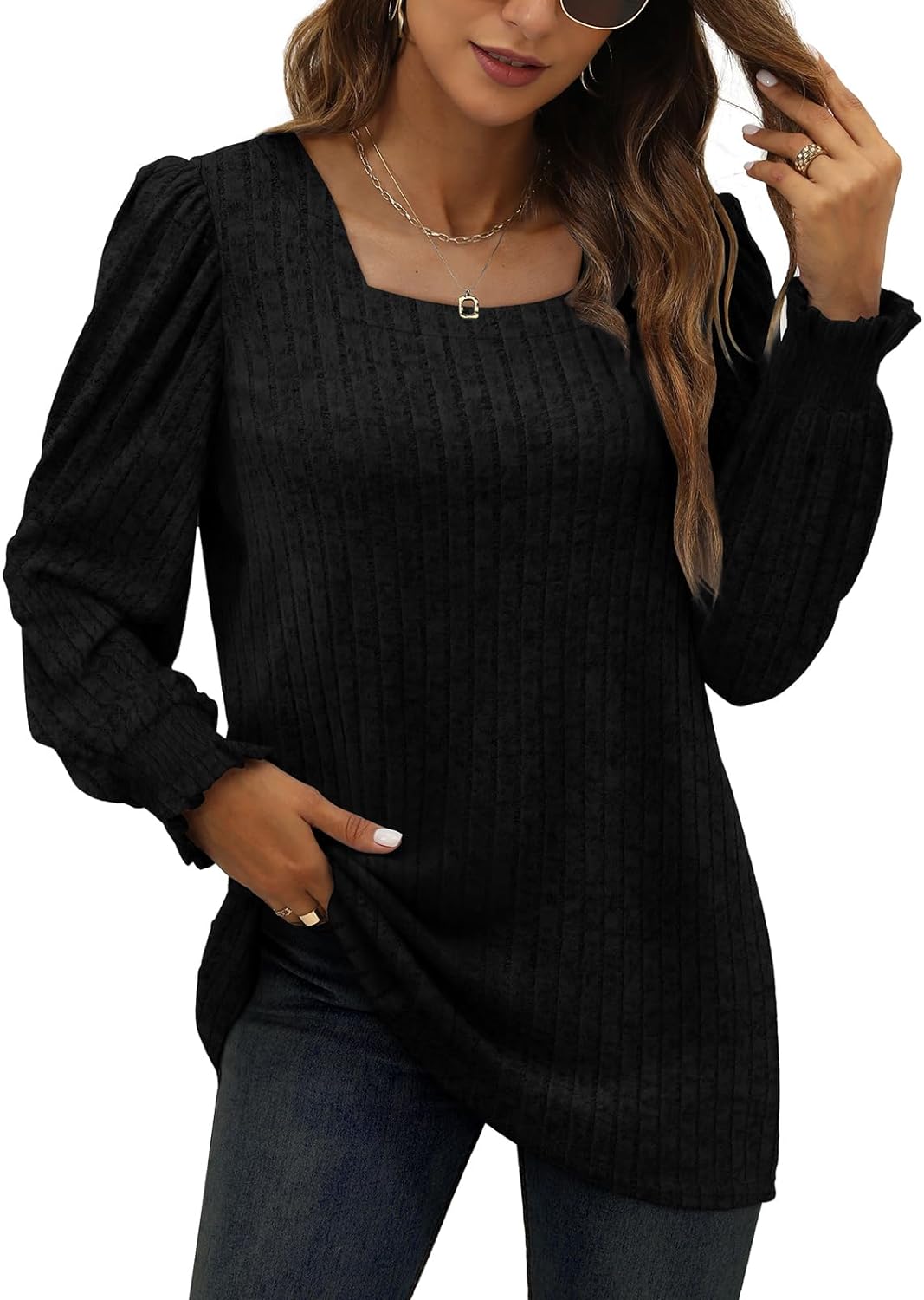 XIEERDUO Womens Long Sleeve Tunic Tops Ruffles Sleeve Square Neck Winter Shirts Dressy Casual