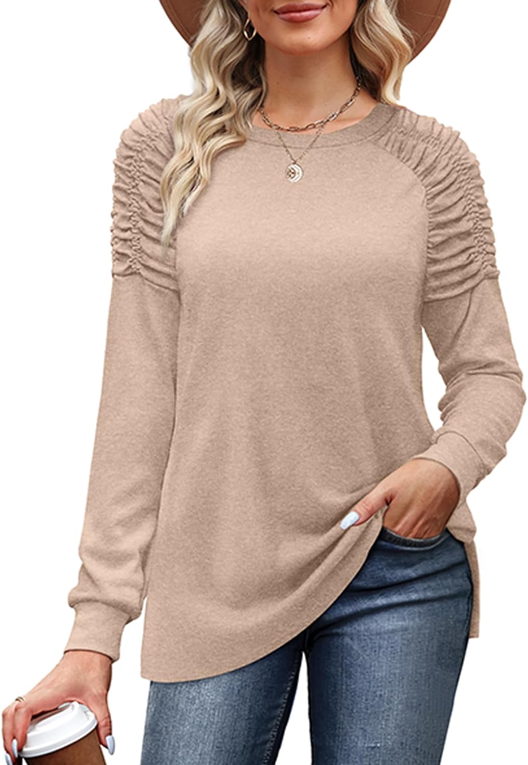 XIEERDUO Women' Long Sleeve Tunic Tops for Leggings Crewneck Shirts Solid Color