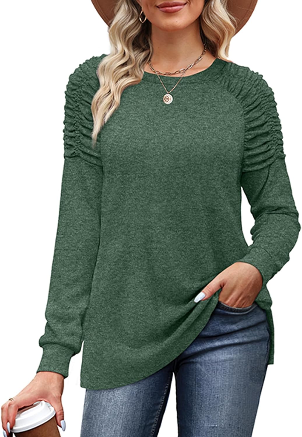 XIEERDUO Women' Long Sleeve Tunic Tops for Leggings Crewneck Shirts Solid Color