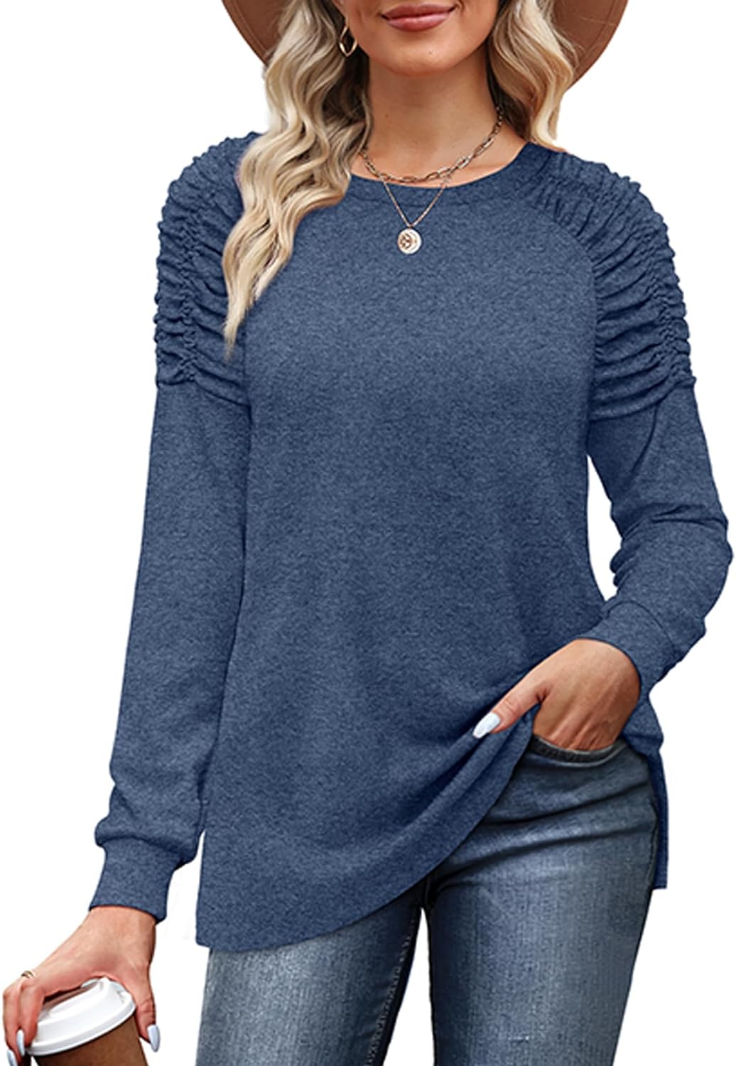 XIEERDUO Women' Long Sleeve Tunic Tops for Leggings Crewneck Shirts Solid Color