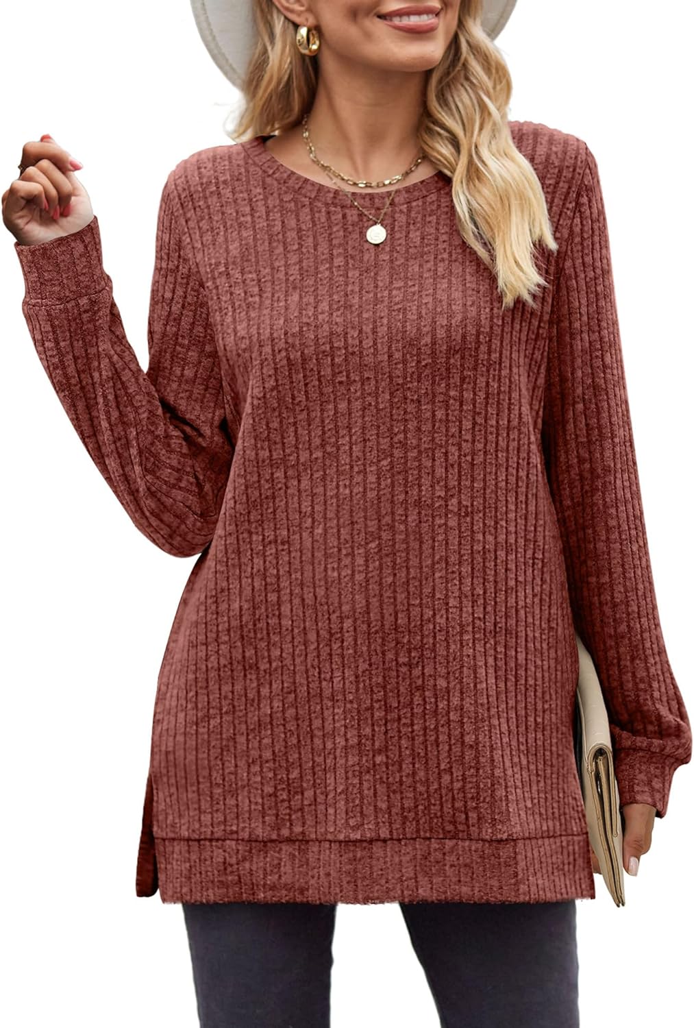 XIEERDUO Women' Tunic Tops Long Sleeve Casual Loose Fit Crewneck Sweatshirt Sile Split