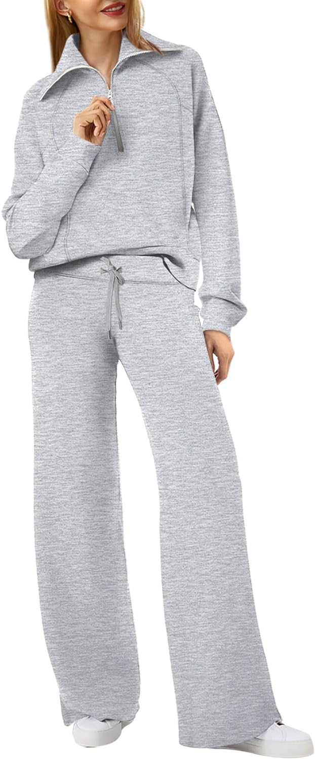 XIEERDUO Lounge Sets For Women 2023 Oversized Half Zip Sweatshirt And Wide Leg Sweatpant 2 Piece Outfits Sweatsuit Tracksuit