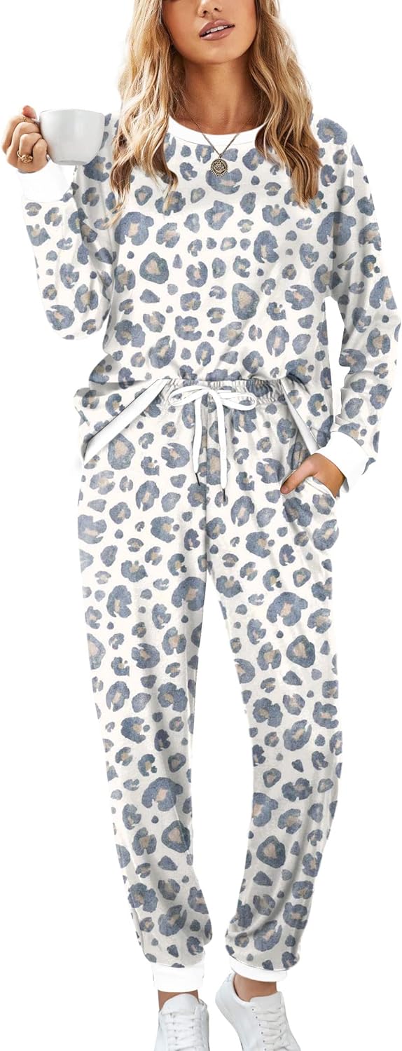 XIEERDUO Pajamas For Women Long Sleeve Crew Neck With Pockets Tie Dye Leopard Plaid Lounge Sets Two Piece Outfits Pj Set