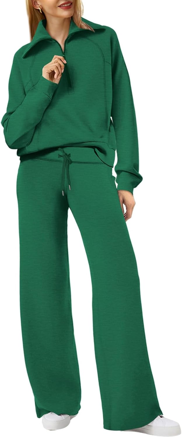 XIEERDUO Lounge Sets For Women 2023 Oversized Half Zip Sweatshirt And Wide Leg Sweatpant 2 Piece Outfits Sweatsuit Tracksuit