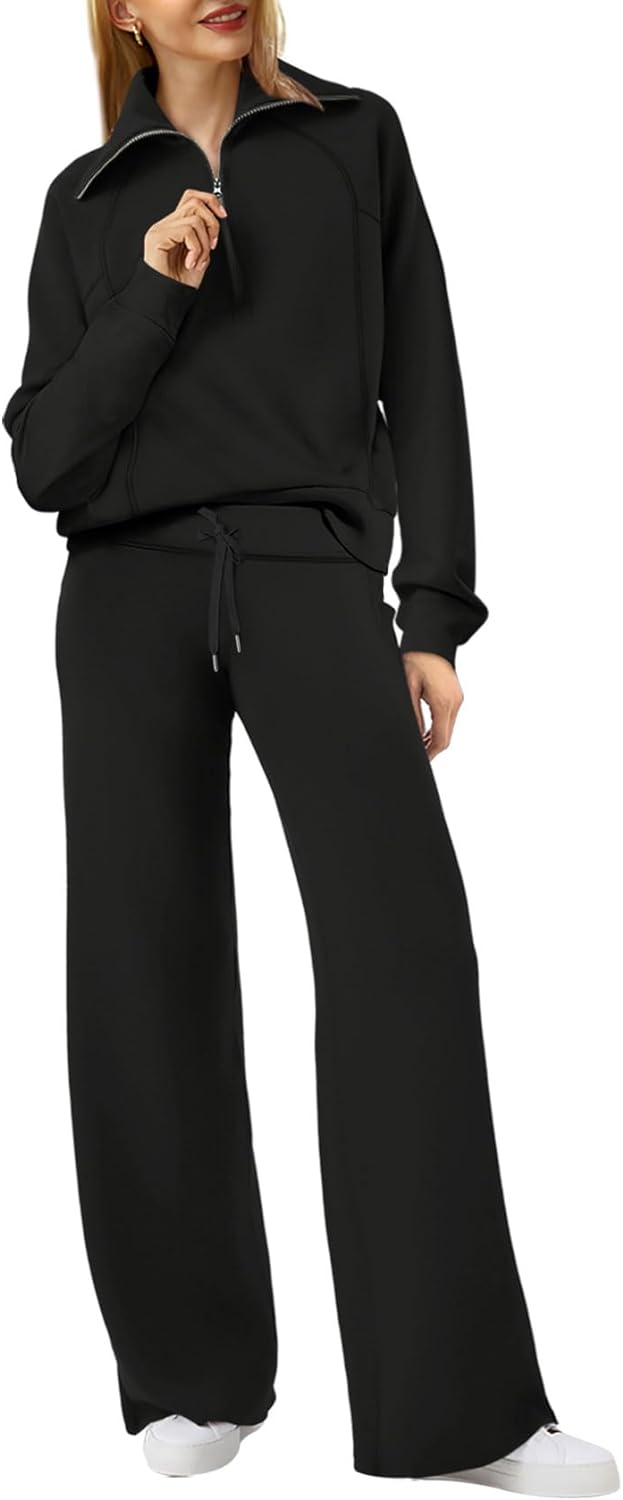 XIEERDUO Lounge Sets For Women 2023 Oversized Half Zip Sweatshirt And Wide Leg Sweatpant 2 Piece Outfits Sweatsuit Tracksuit