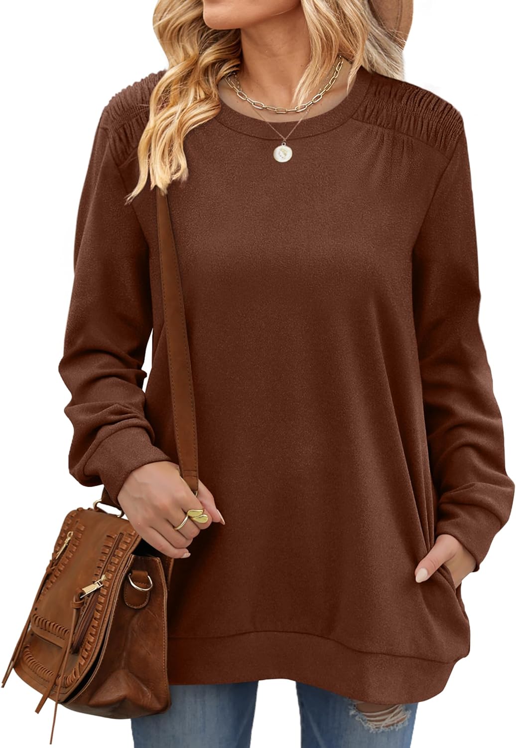 XIEERDUO Womens Crewneck Sweatshirt Pockets Oversized Fleece Long Sleeve Fall Tunic Tops