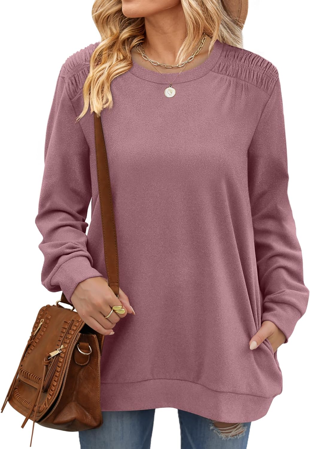 XIEERDUO Womens Crewneck Sweatshirt Pockets Oversized Fleece Long Sleeve Fall Tunic Tops