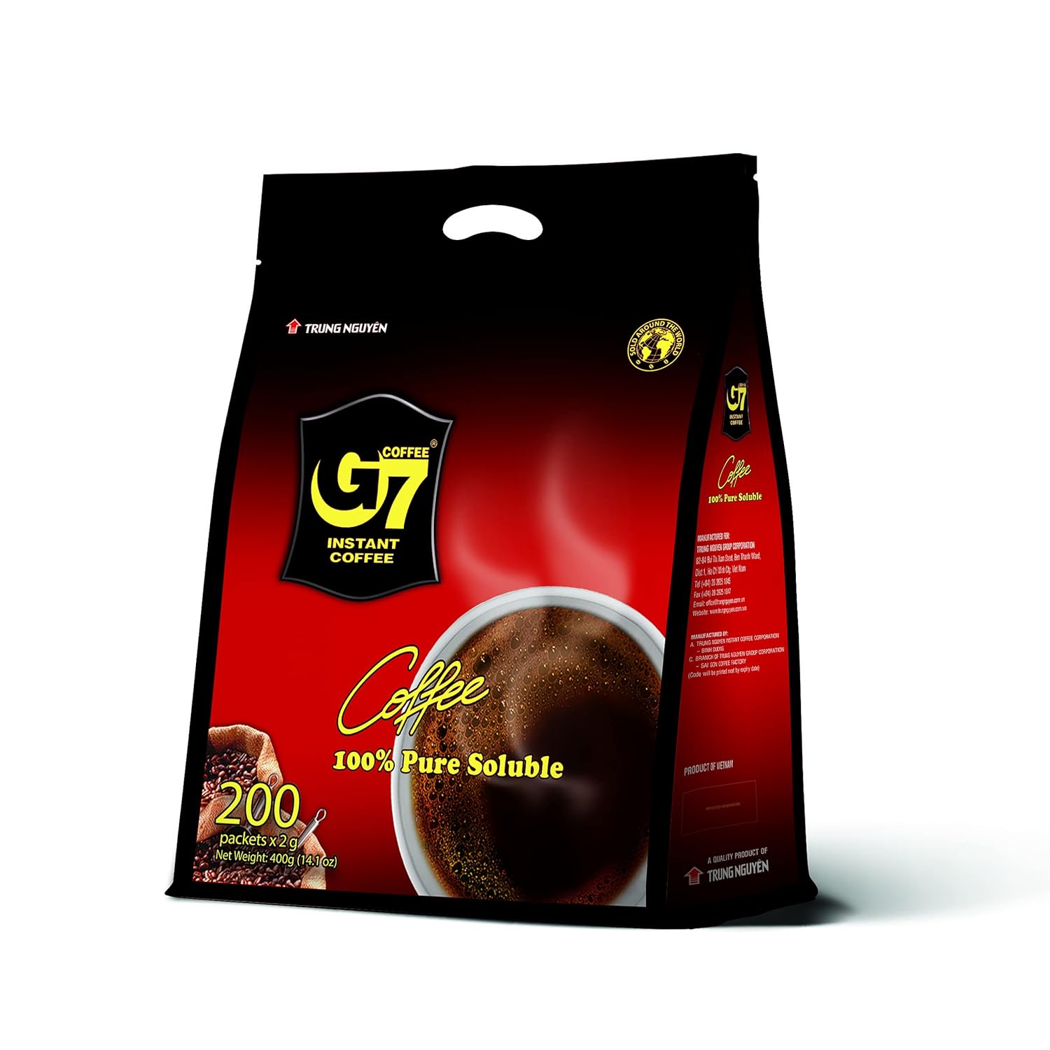 TRUNG NGUYEN G7 PURE BLACK Instant Coffee for Energy Boost - 100% Soluble Coffee Without Sugar - Strong, Pure & Rich Vietnamese Instant Energy Coffee - Original Taste for Coffee Connoiseurs (200 Sachets/Bag)