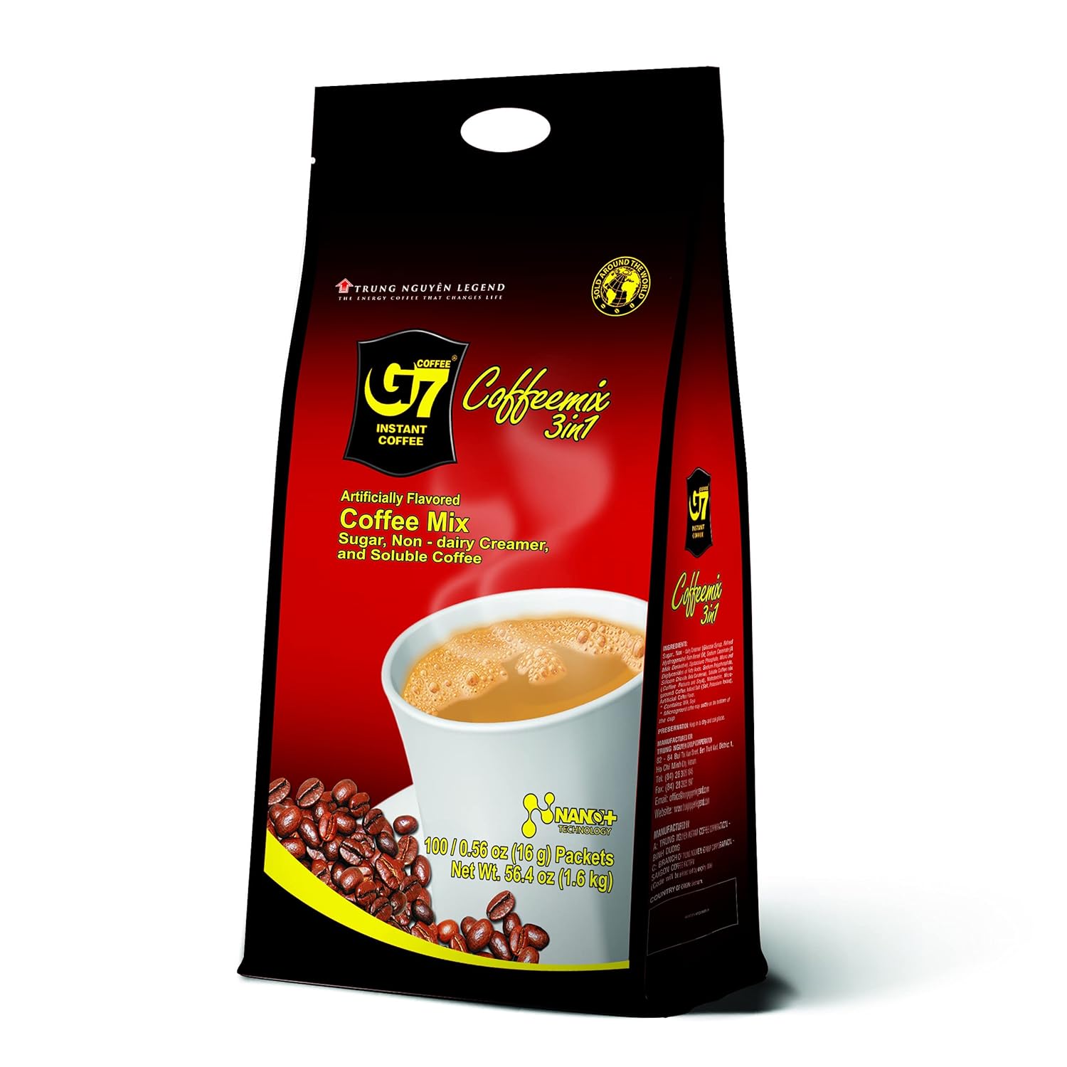 Trung Nguyen G7 Instant Coffee - 3-in-1 with NANO  Technology, Roasted Ground Blend, Non-dairy Creamer & Sugar (100 Sticks)