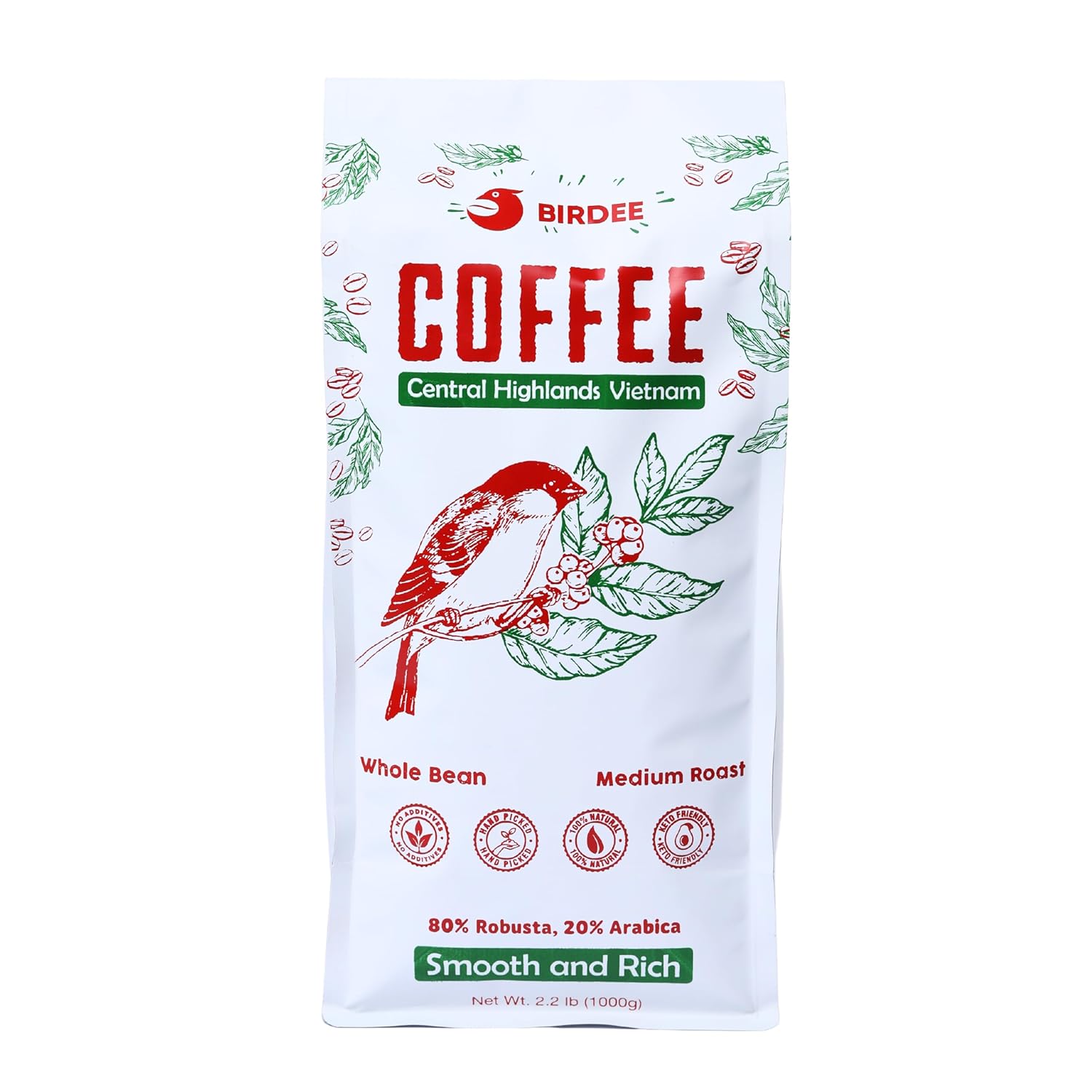 Birdee Vietnamese Coffee Bean - 2.2lb Medium Roast Coffee with Rich Natural Flavor - 80% Robusta & 20% Arabica Whole Coffee Beans - Premium Aromatic Coffee - Cold Brew Espresso French Press, Pack of 1