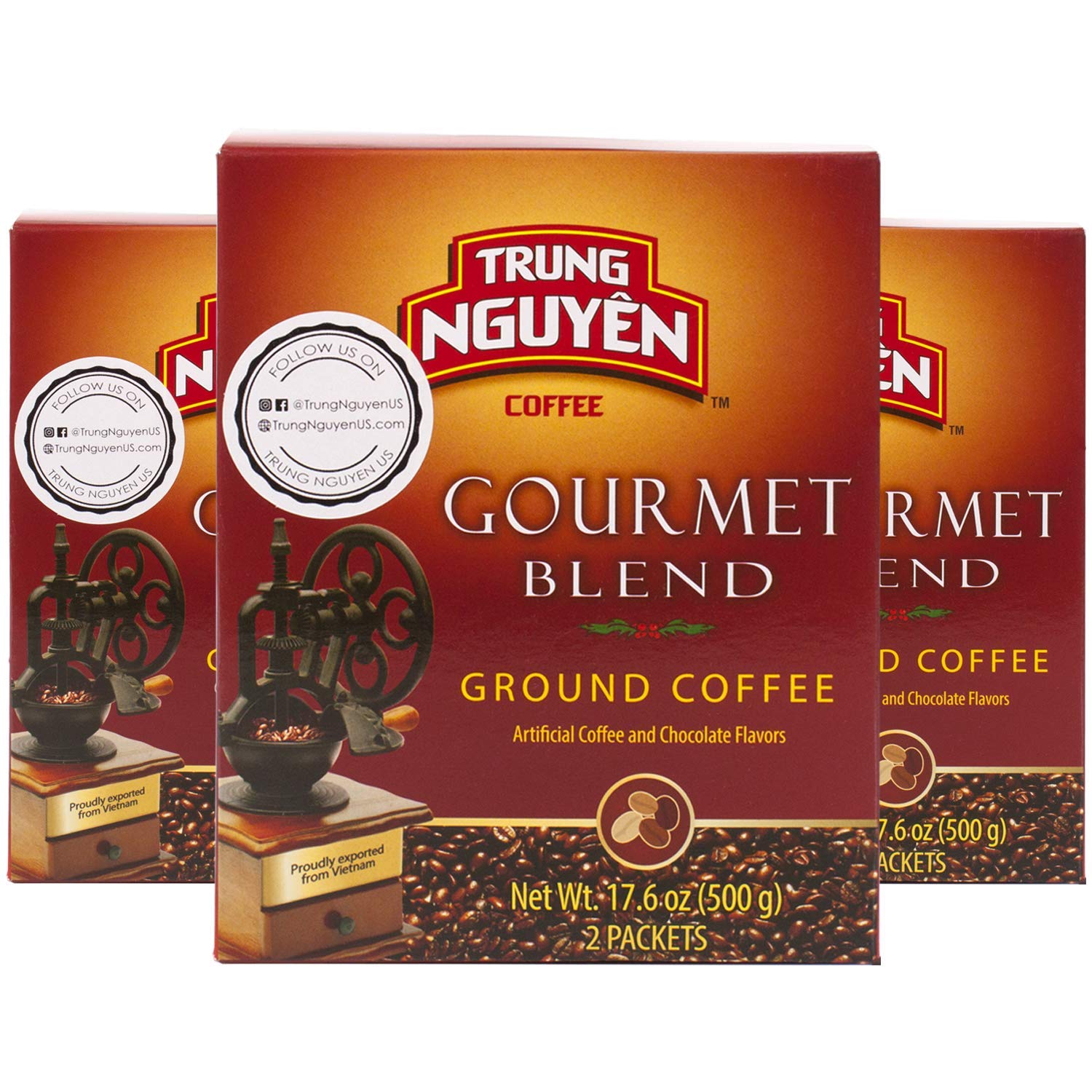 Trung Nguyen  Gourmet Blend  Roasted Ground Coffee Blend  Strong and Bold  Robusta, Arabica, Excelsa, & Catimor  Notes of Chocolate, Spices, & Fruit  Vietnamese Coffee 17.6oz (Pack of 3)