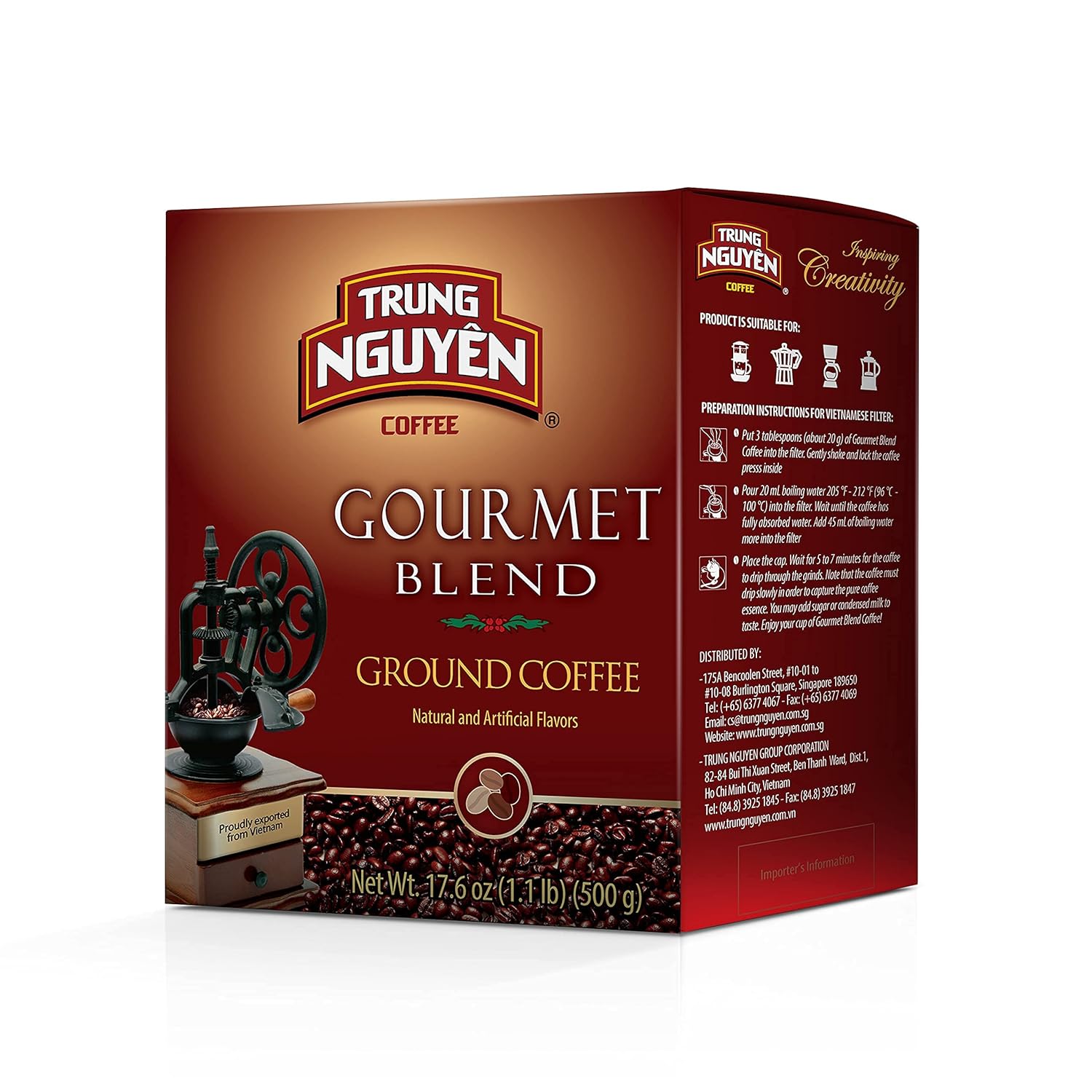 TRUNG NGUYEN LEGEND GOURMET BLEND Premium Roasted Ground Coffee - Chocolate and Fruity Flavor by Robusta & Arabica Coffee Beans Blend - French Roast with Low Acidity (500g/Box)