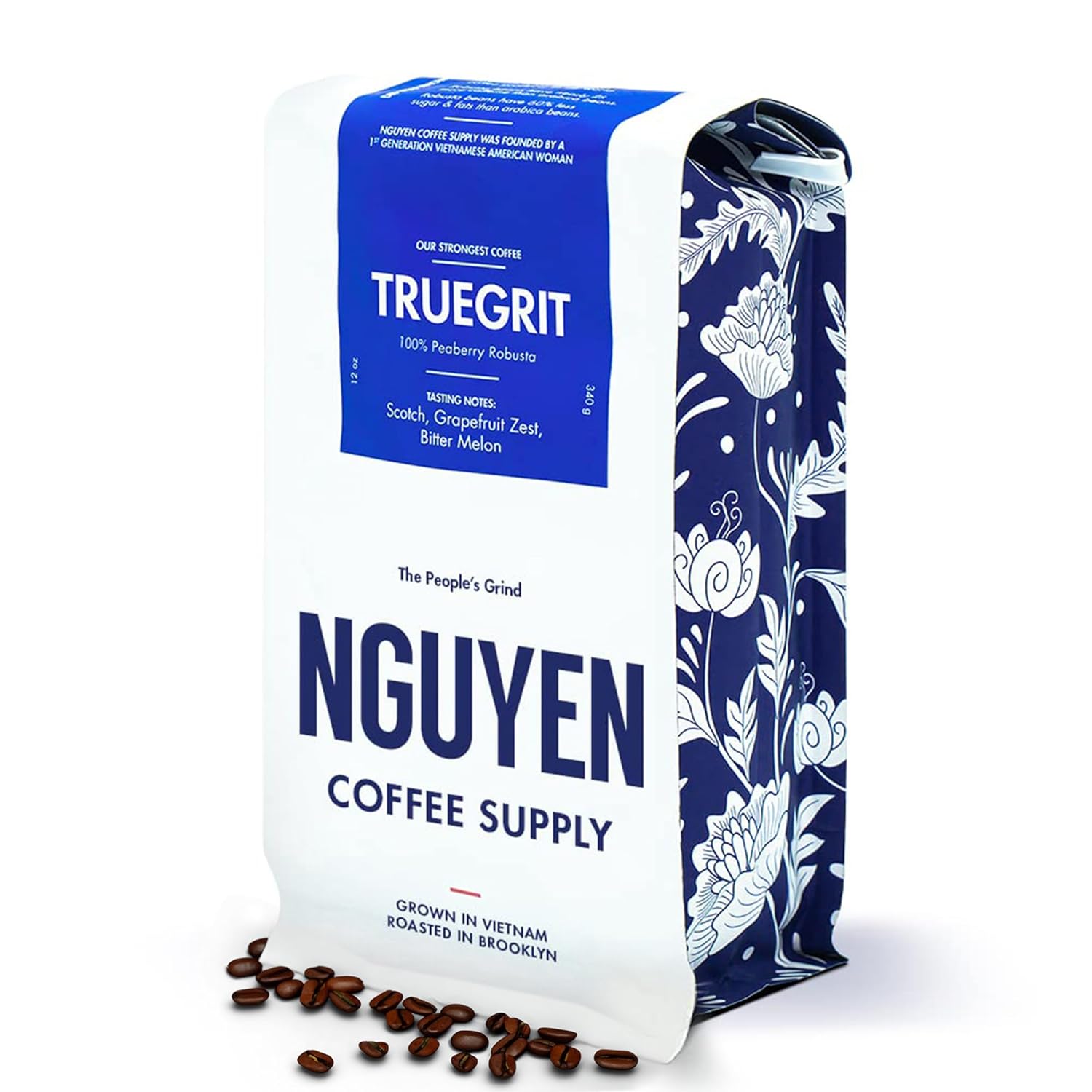 Nguyen Coffee Supply - Truegrit Peaberry Robusta: Medium Roast Whole Coffee Beans, Vietnamese Grown and Direct Trade, Organic, Single Origin, Premium Whole, Low Acid with High Caffeine Content, Roasted in Brooklyn [12 oz Bag]