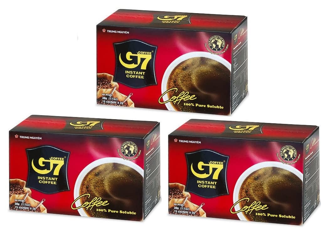 Trung Nguyen  G7 Instant Coffee  Pure Black  100% Soluble Coffee  Strong and Bold  Instant Vietnamese Coffee (15 Packets/Box, 3 Pack)