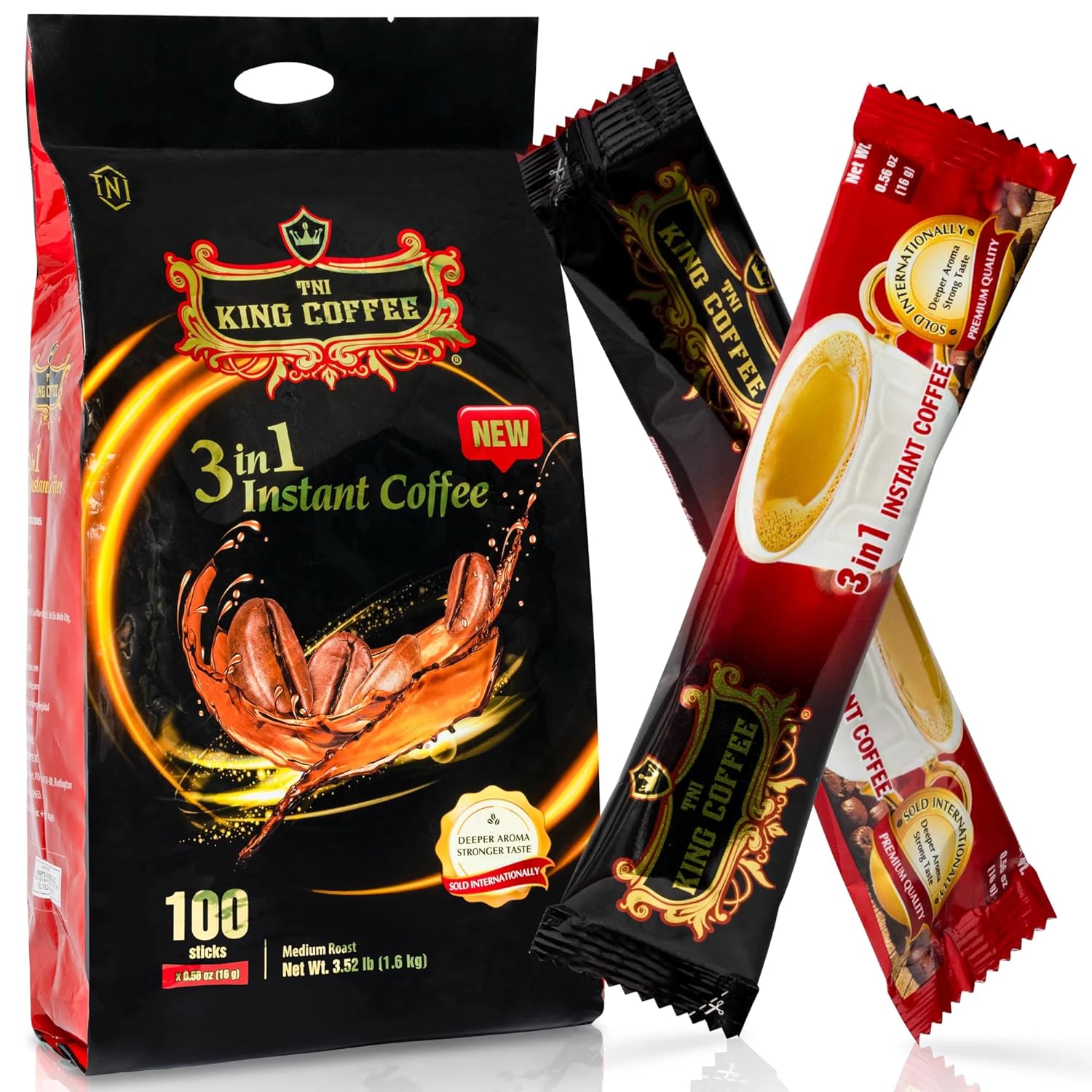 TNI King Coffee 3 in 1 Instant Vietnamese Coffee, 100 Single Serve Packets - Individual Pocket Size Sachet Sticks - Blended with Coffee, Cream Powder and Sugar - Bulk Size Pack