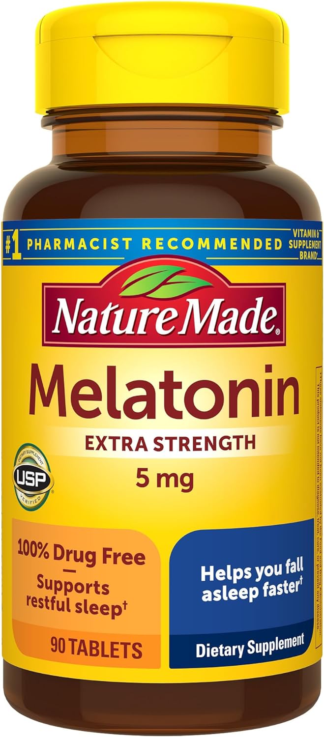 Nature Made Melatonin 5mg Extra Strength Tablets, 100% Drug Free Sleep Aid for Adults, 90 Tablets, 90 Day Supply