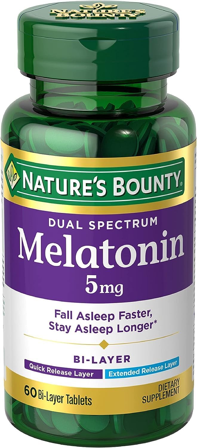 Nature' Bounty Melatonin 5mg Dual Spectrum, 100% Drug Free Sleep Supplement, Quick Release and Extended Release, Promotes Relaxation and Sleep Health, 60 Bi-Layer Tablets