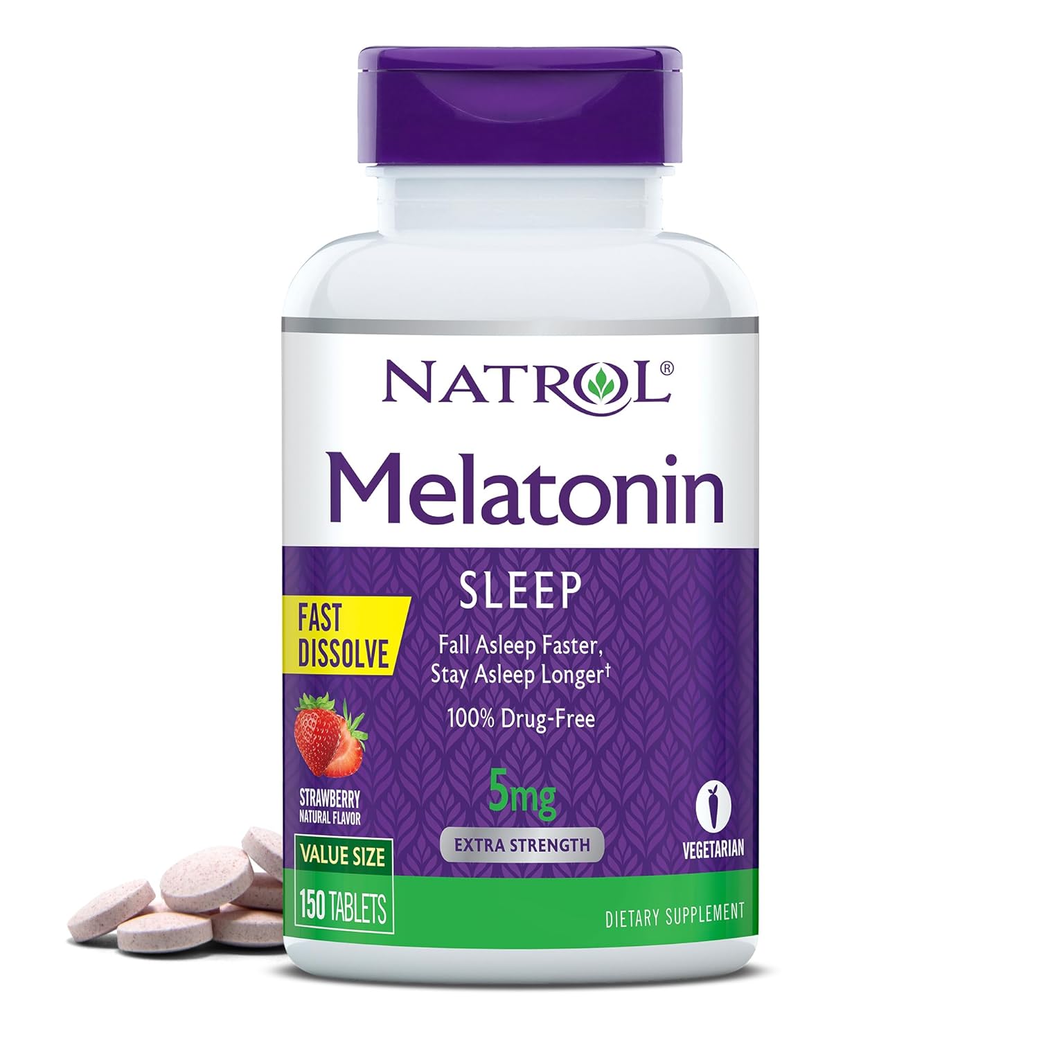 Natrol Melatonin Fast Dissolve Tablets, Helps You Fall Asleep Faster, Stay Asleep Longer, Easy to Take, Dissolves in Mouth, Strengthen Immune System, Strawberry Flavor, 5mg, 150 Count