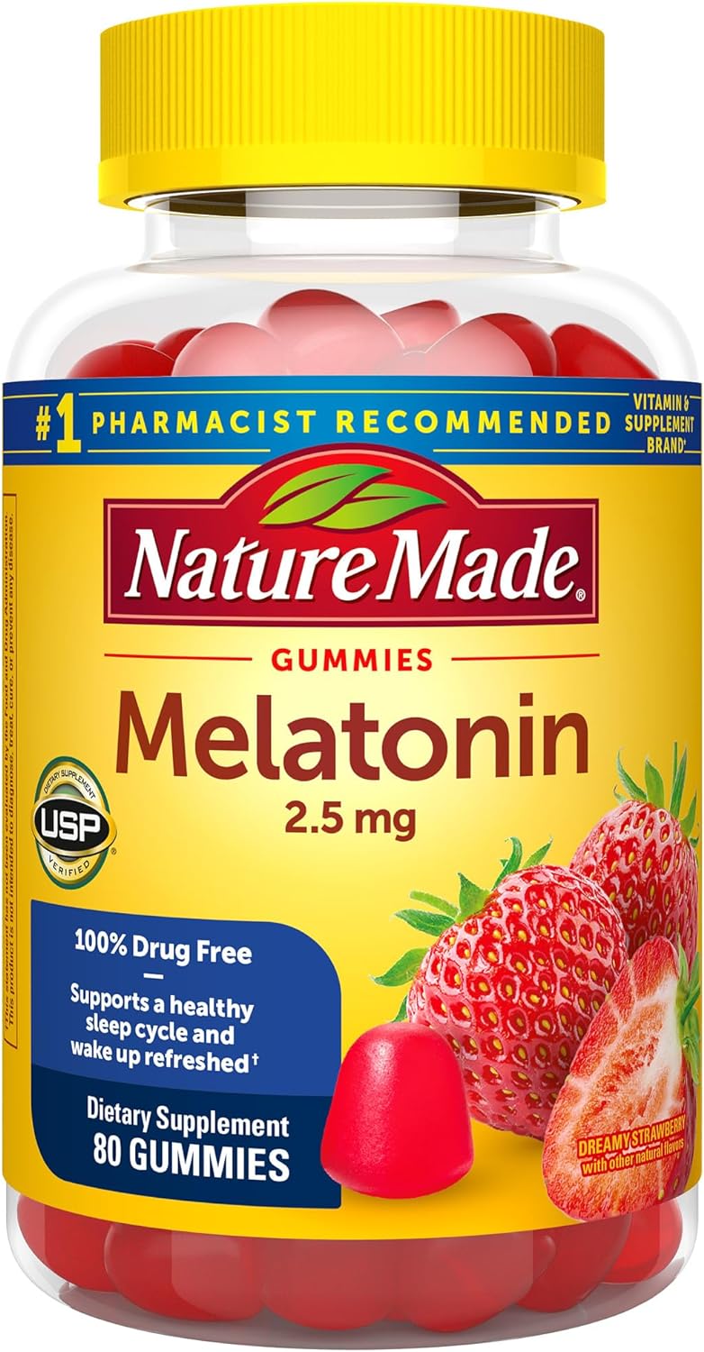 Nature Made Melatonin 2.5 mg Gummies, 100% Drug Free Sleep Aid for Adults, 80 Gummies, 80 Day Supply