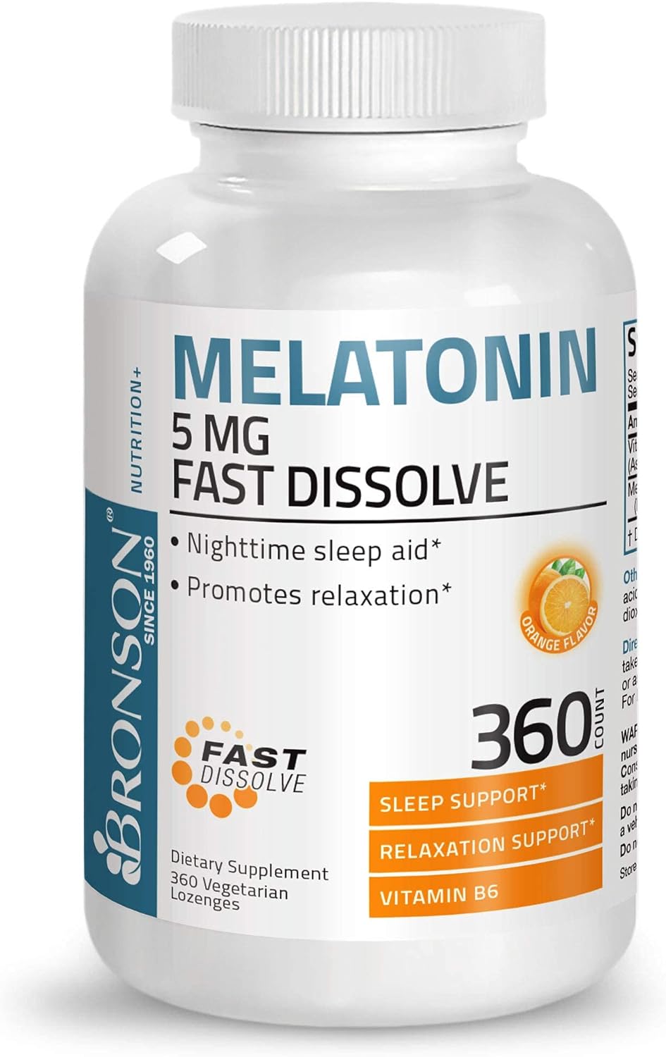 Bronson Melatonin 5mg Fast Dissolve Orange Flavor Tablets with Vitamin B6 - Promotes Relaxation, 360 Vegetarian Chewable Lozenges