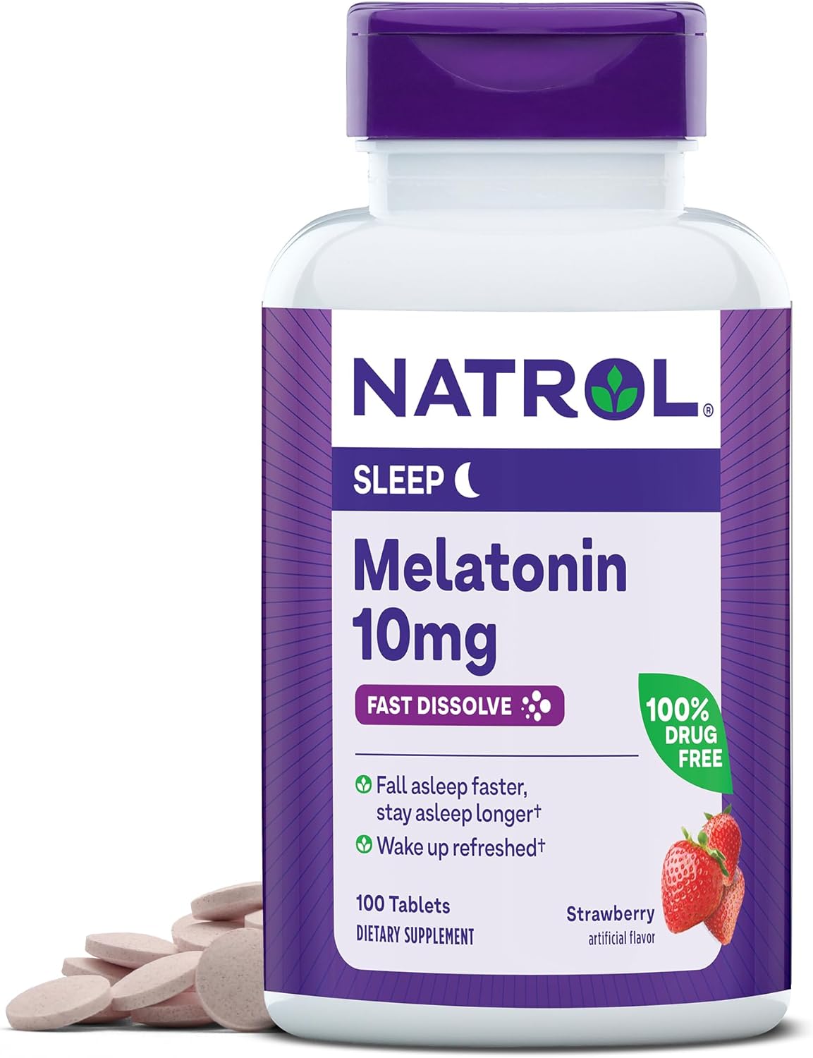 Natrol Melatonin 10mg, Strawberry-Flavored Sleep Support Dietary Supplement for Adults, 100 Fast-Dissolve Tablets, 100 Day Supply