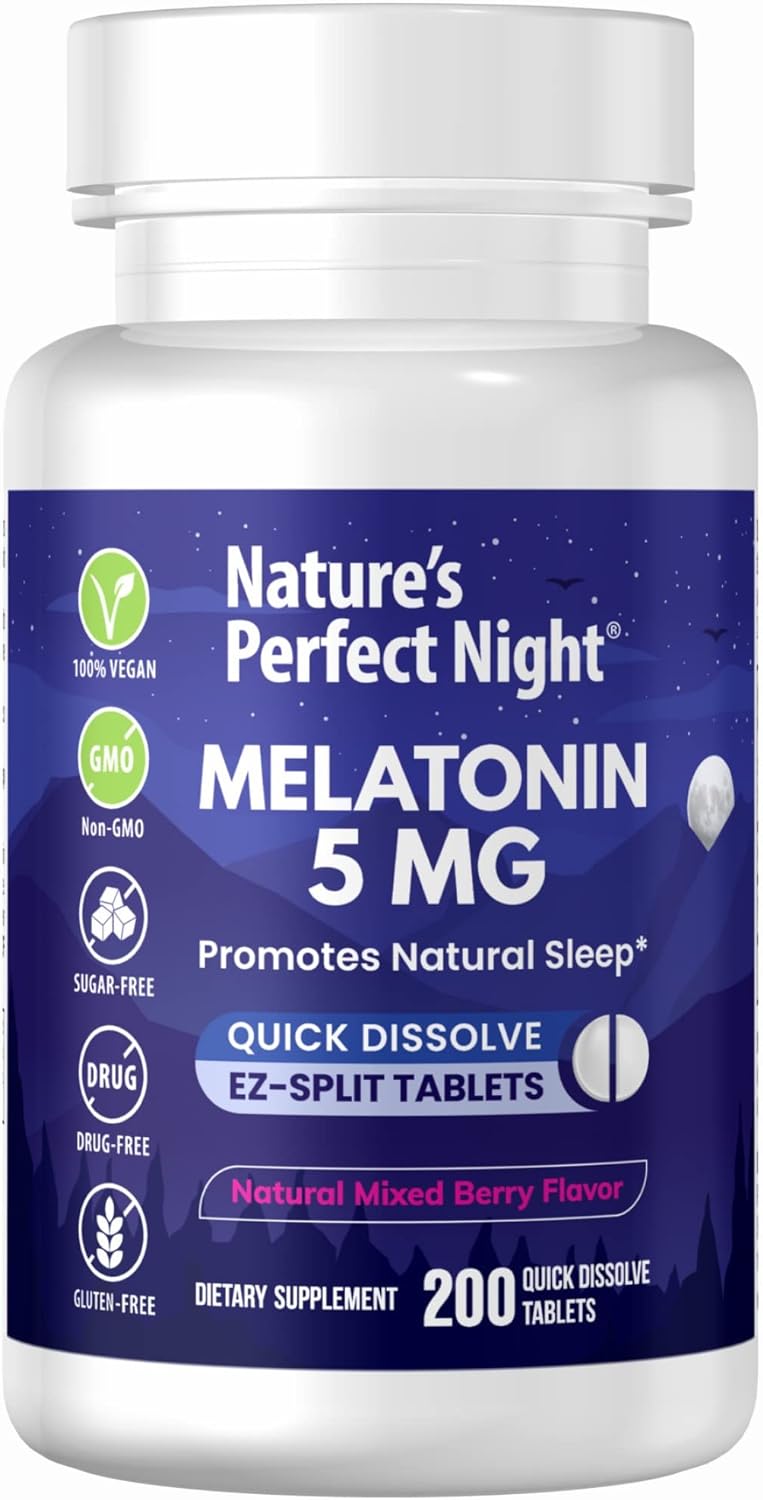 Nature' Perfect Night | Melatonin 5mg | 200 Quick Dissolve Tablets | Natural Mixed Berry Flavor |Preferred Potency | Sugar Free | Vegan | Gluten Free | Value Size