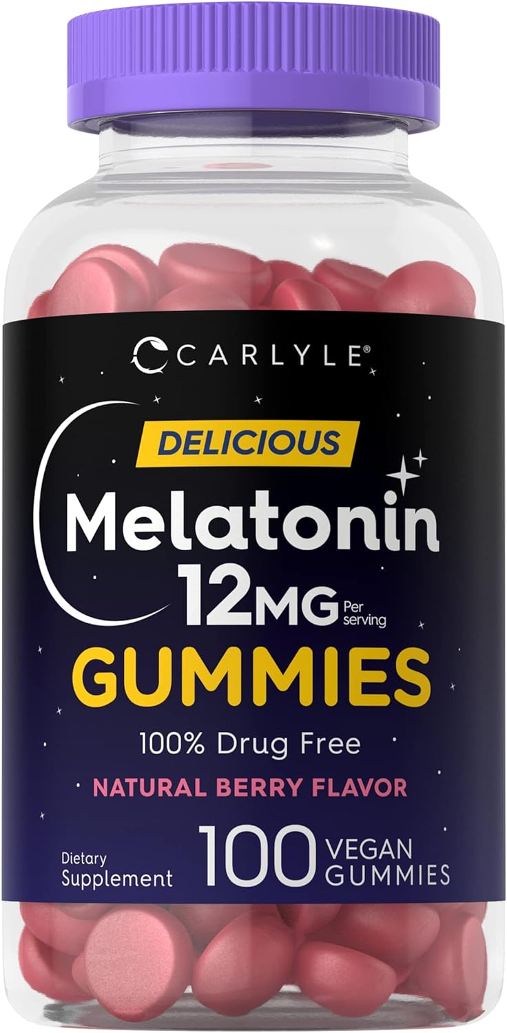 Carlyle Melatonin Gummies 12mg | 100 Count | Natural Berry Flavor | Vegan Supplement | Non-GMO, Gluten Free