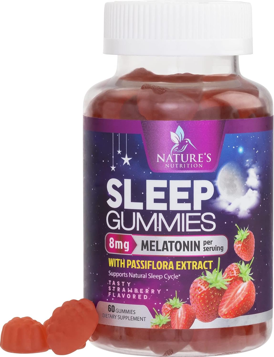 Nature' Melatonin Sleep Gummies - Extra Strength Melatonin Gummy 8mg, Helps You Fall Asleep for Occasional Sleep Support, Sleep Supplement for Adults, Vegan, Non-GMO, Strawberry Flavor - 60 Gummies